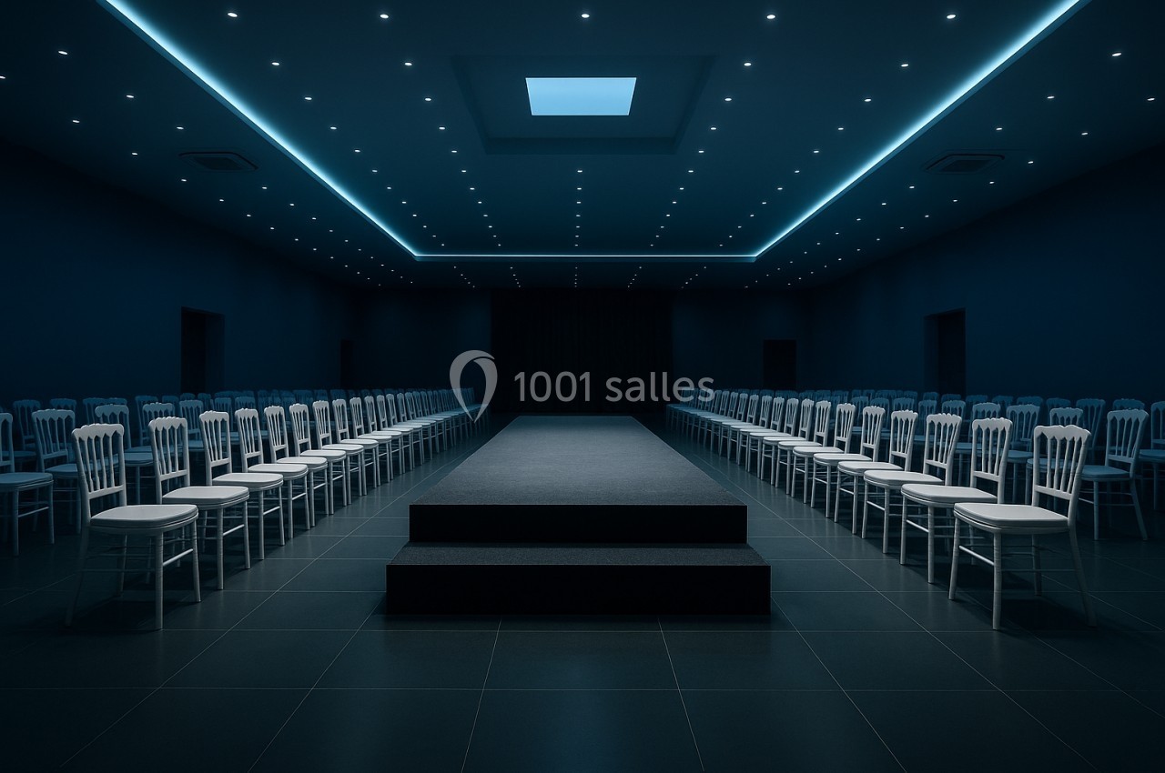 Salle sombre avec une scène centrale surélevée, entourée de rangées de chaises blanches alignées symétriquement.