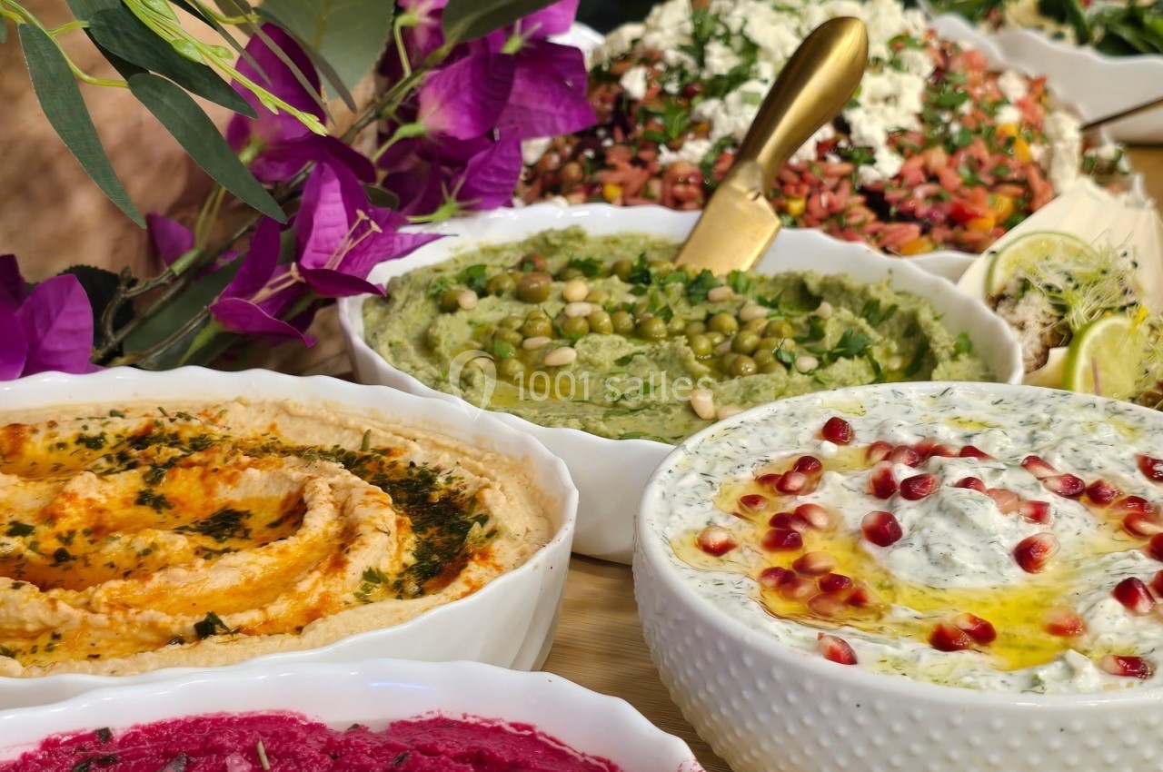 Assortiment de plats méditerranéens avec houmous, tzatziki et garnitures variées, présenté sur une table en bois.