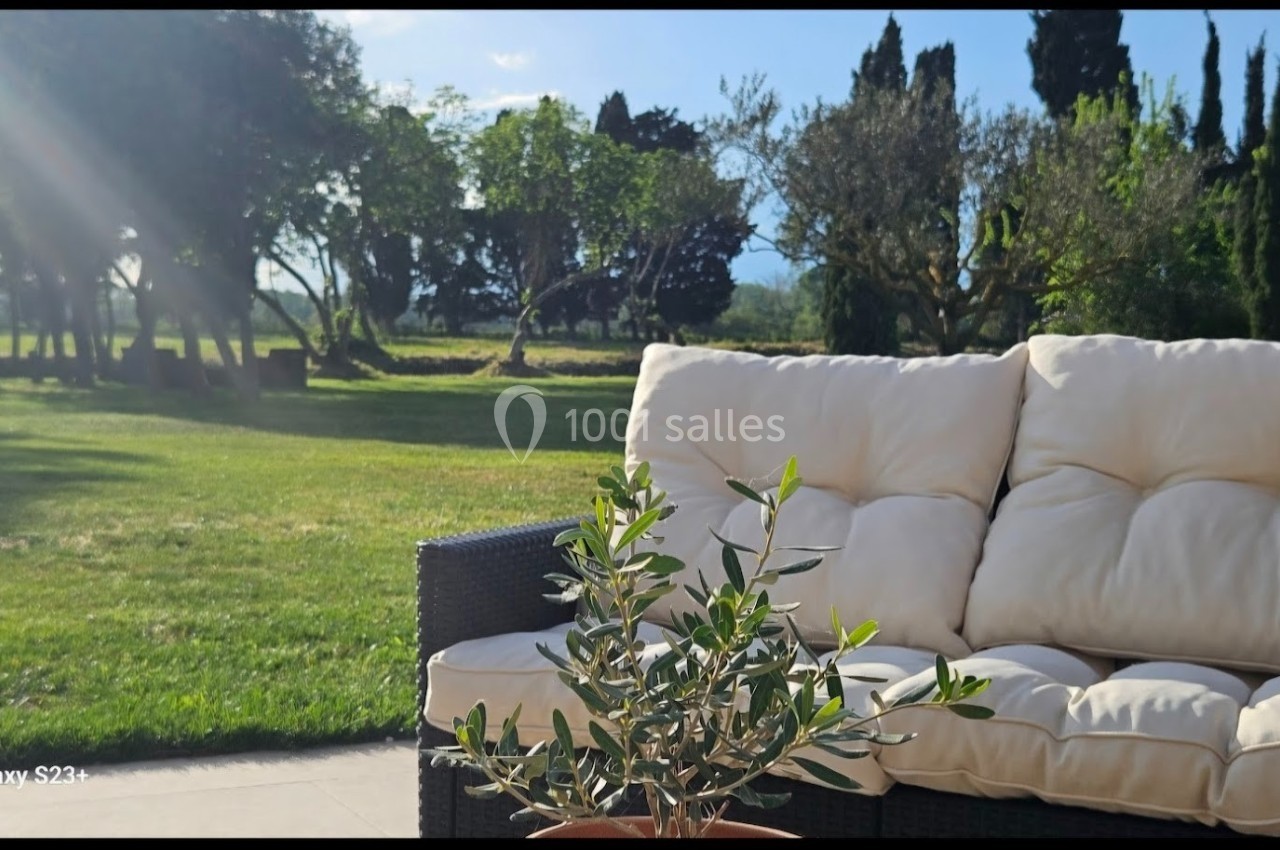 Canapé d'extérieur beige sur une terrasse, avec un petit olivier en pot et un jardin verdoyant en arrière-plan.