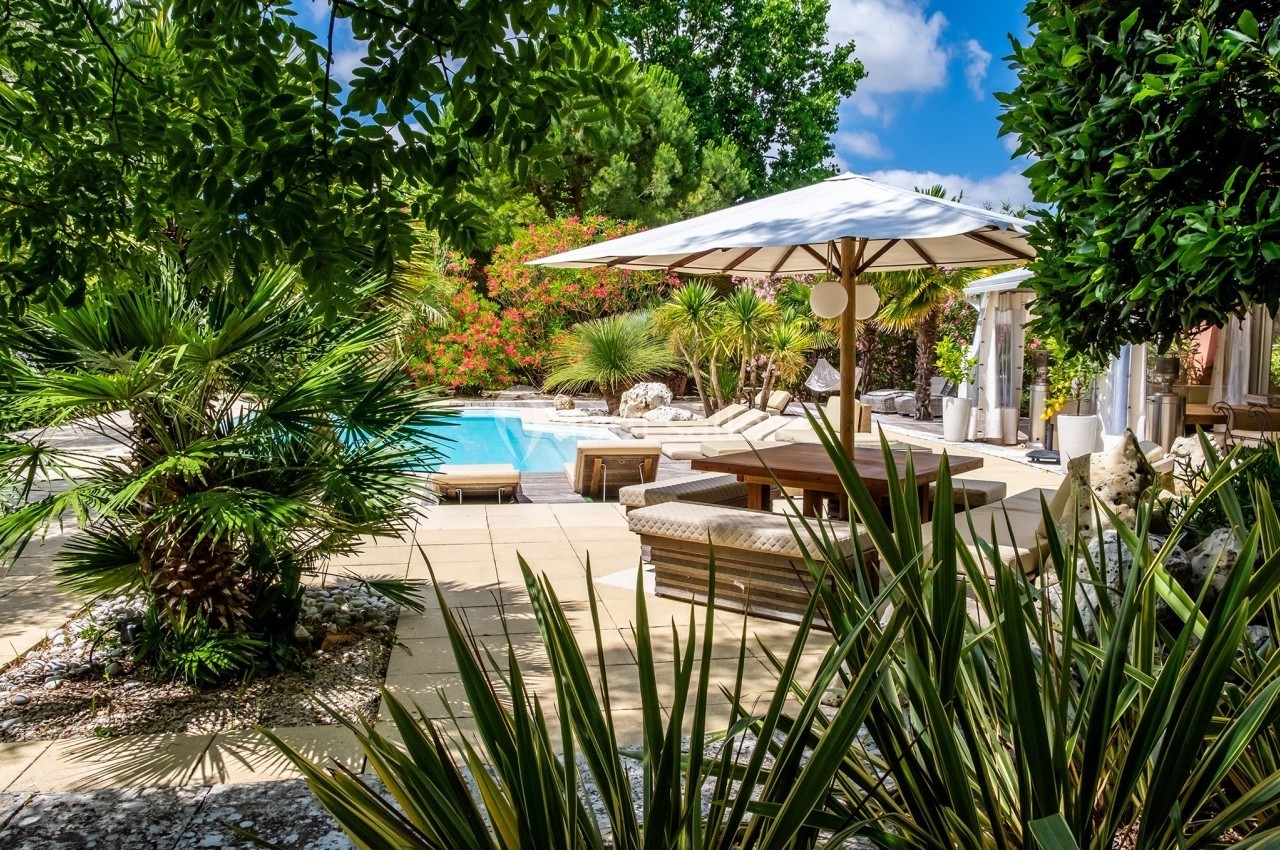 Jardin avec piscine, transats sous un parasol, entouré de végétation luxuriante et ciel bleu en arrière-plan.