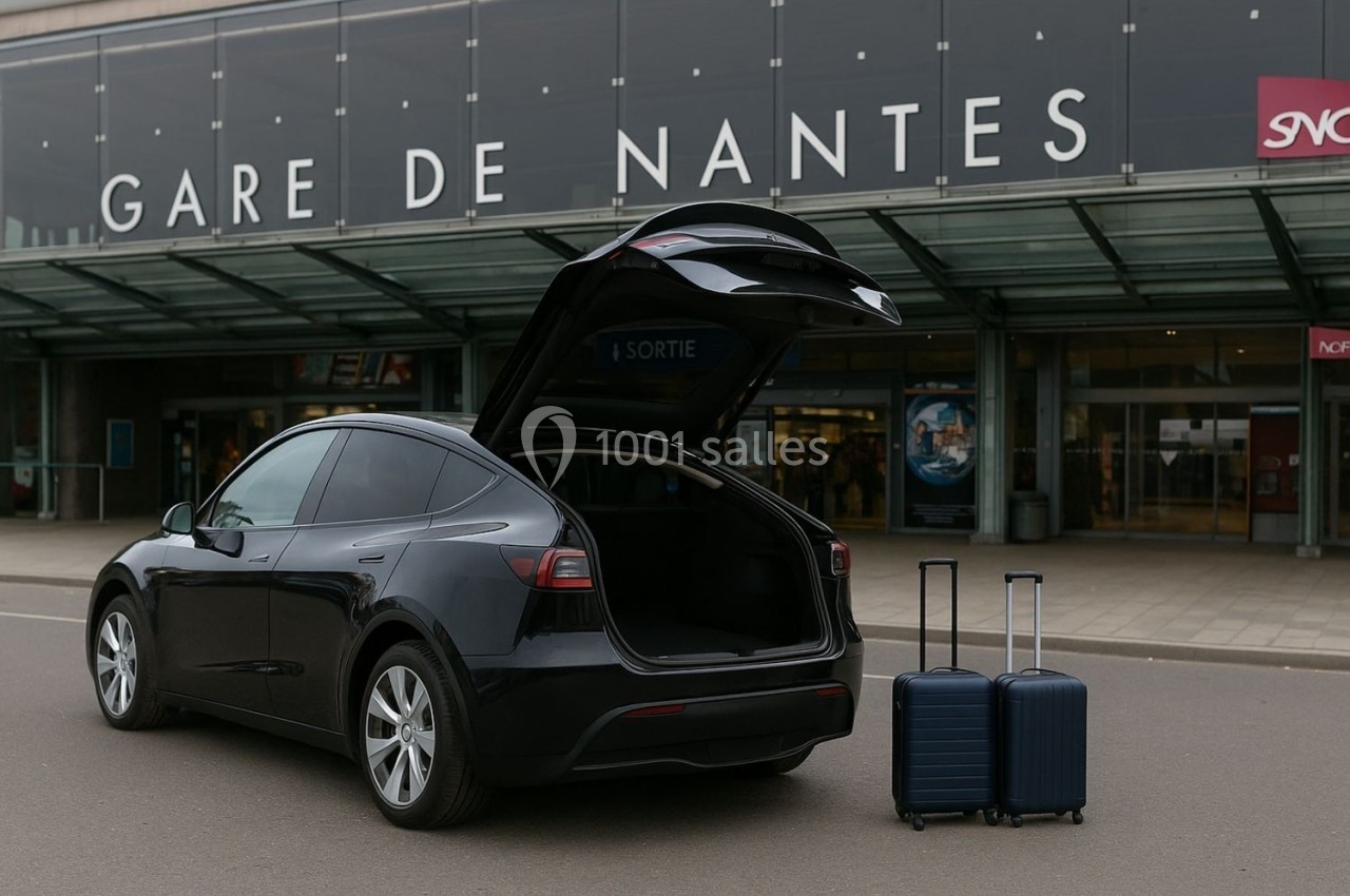 Voiture noire avec coffre ouvert devant la gare de Nantes, accompagnée de deux valises bleues posées au sol.