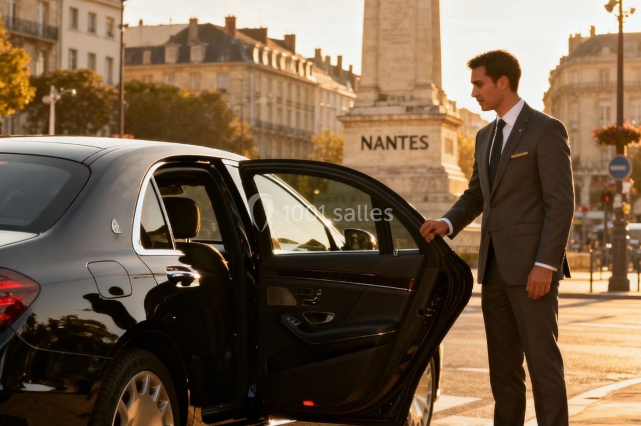 Un chauffeur en costume ouvre la porte d'une voiture noire devant un monument dans une rue ensoleillée de Nantes.
