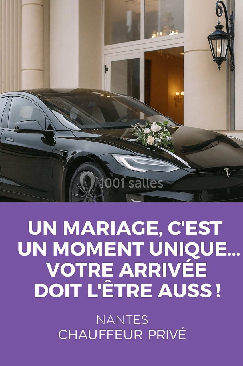 Voiture noire décorée pour un mariage, stationnée devant un bâtiment élégant avec colonnes et lanterne.