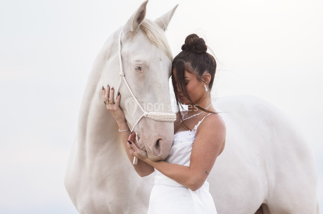 Femme en robe blanche tenant un cheval blanc par la bride dans un environnement lumineux et épuré.