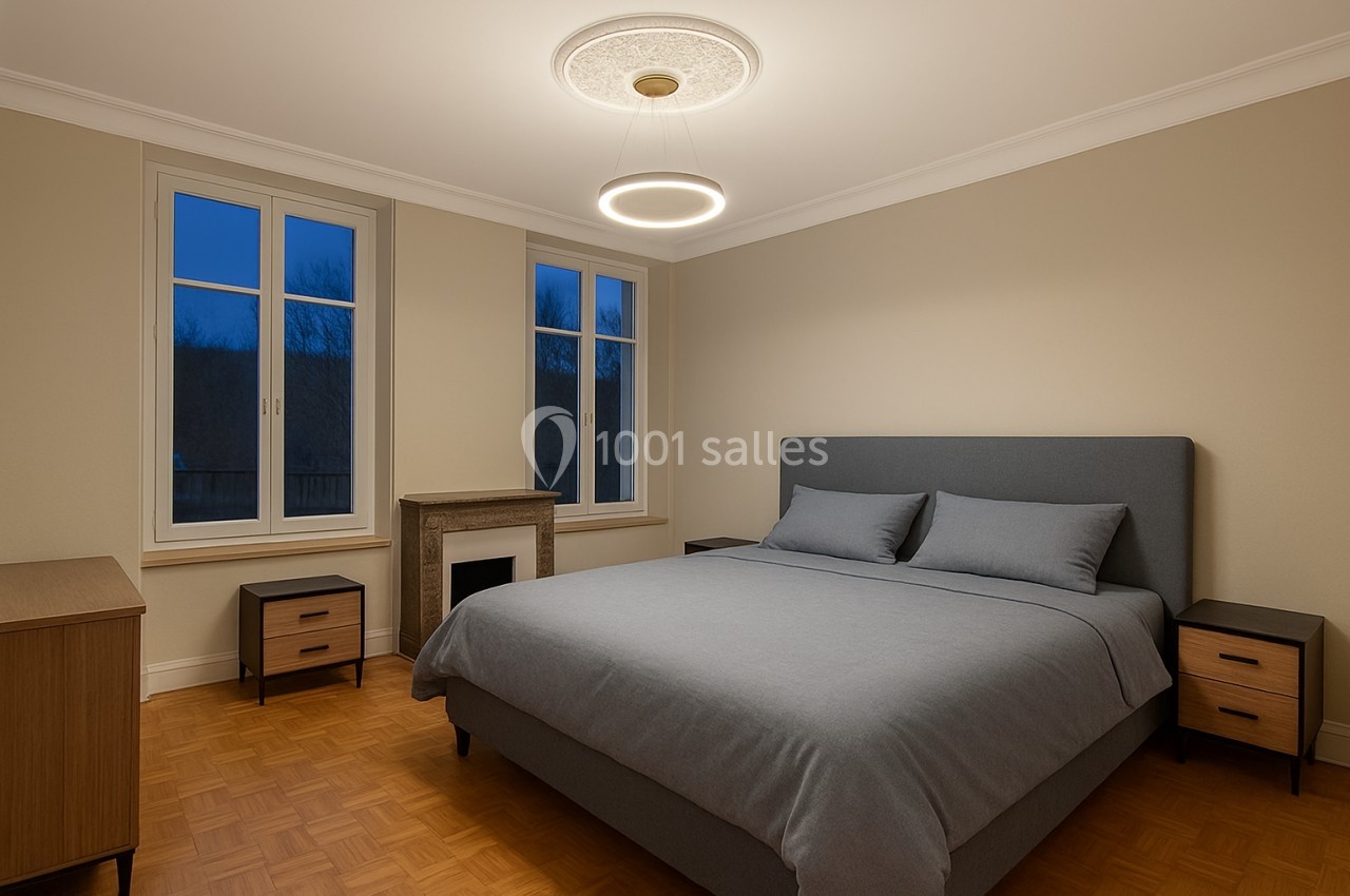 Chambre avec un lit double, tables de chevet, cheminée décorative et lumière tamisée, vue sur des fenêtres en soirée.