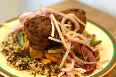 Miniature Traiteur Troyes (Aube) - Montagu #28 Assiette de magret de canard tranché sur purée de patates douces, garni de persil et accompagné d'une sauce.