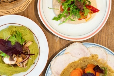 Miniature Traiteur Troyes (Aube) - Montagu #50 Assiette de magret de canard tranché sur purée de patates douces, garni de persil et accompagné d'une sauce.