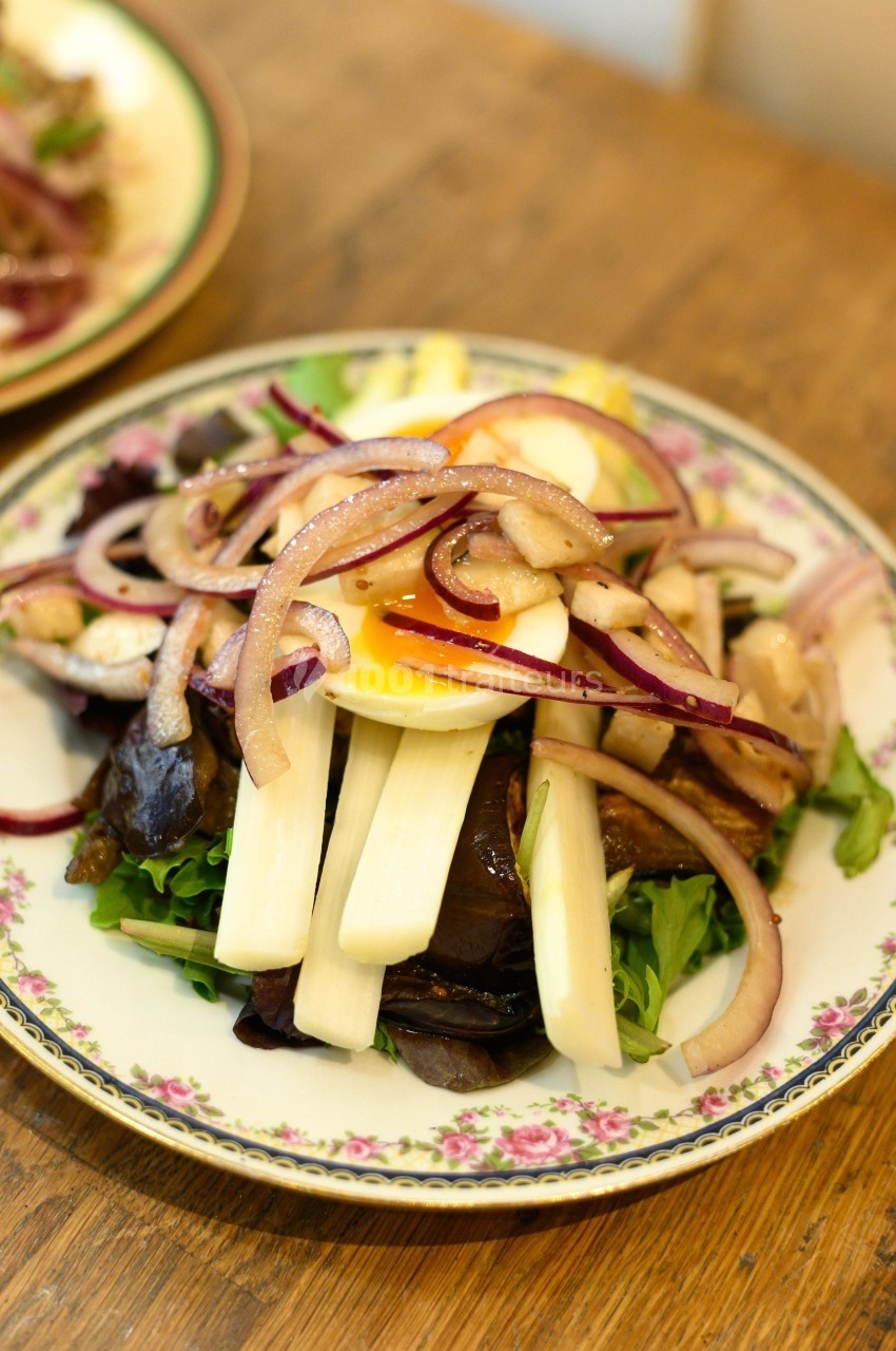 Assiette de salade composée avec asperges, oignon rouge, œuf poché et légumes sur un lit de verdure.