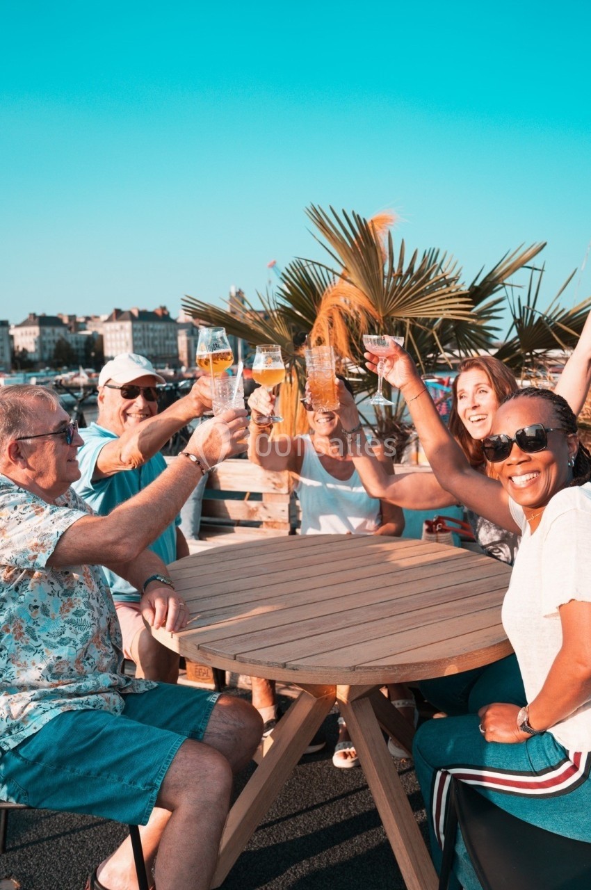 Groupe de personnes souriantes trinquant autour d'une table en extérieur par une journée ensoleillée.