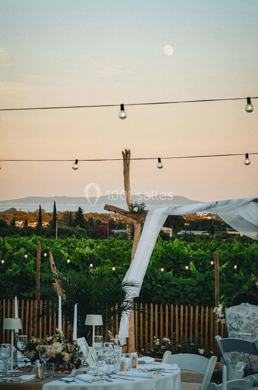 Décoration de mariage en extérieur avec arche en bois, guirlandes lumineuses et paysage de vignes sous un ciel au crépuscule.