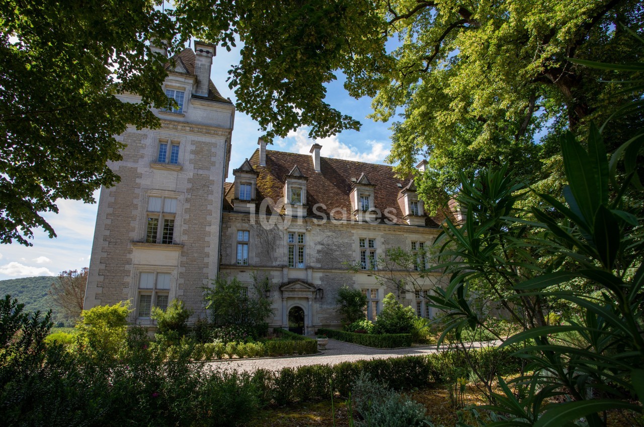 Façade d'un château en pierre entouré de végétation, avec un ciel bleu partiellement nuageux en arrière-plan.