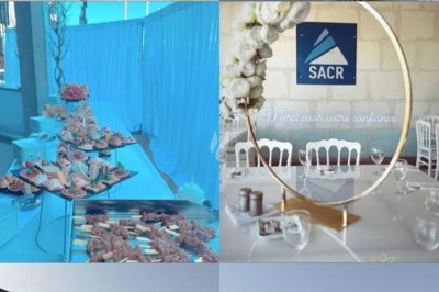 Miniature Traiteur Crosne (Essonne) - Aux Tulipes Traiteur #12 Assiette de burrata garnie de tomates cerises colorées et décorée d'une fleur violette sur une assiette blanche.