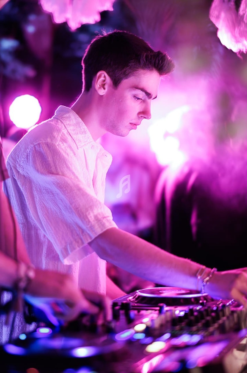 Un DJ en chemise blanche mixe de la musique sur une table de mixage dans une ambiance lumineuse et colorée.