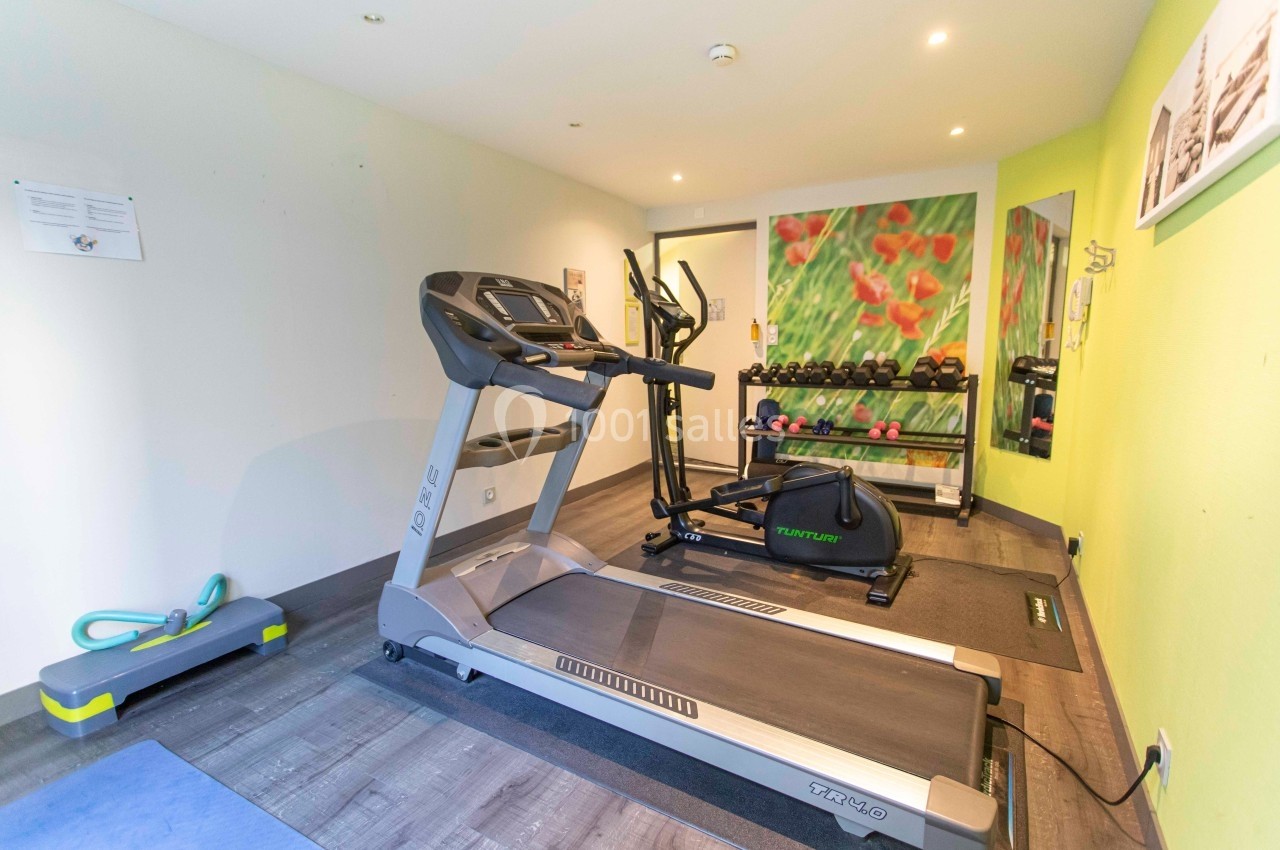 Salle de sport avec tapis de course, vélo elliptique, haltères et miroir, dans un espace lumineux aux murs décorés.