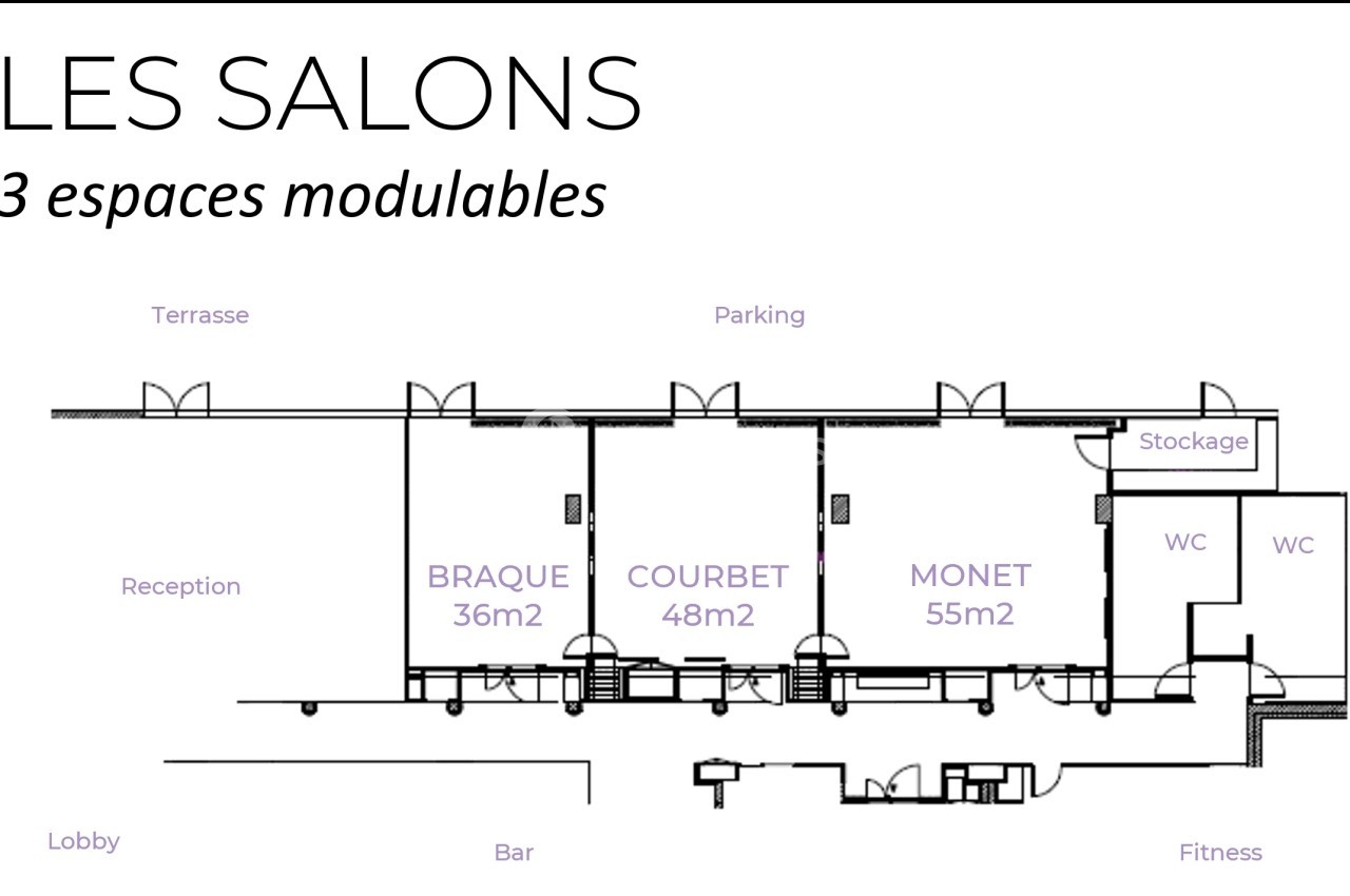 Plan des salons modulables avec trois espaces nommés Braque, Courbet et Monet, et des zones annexes indiquées.