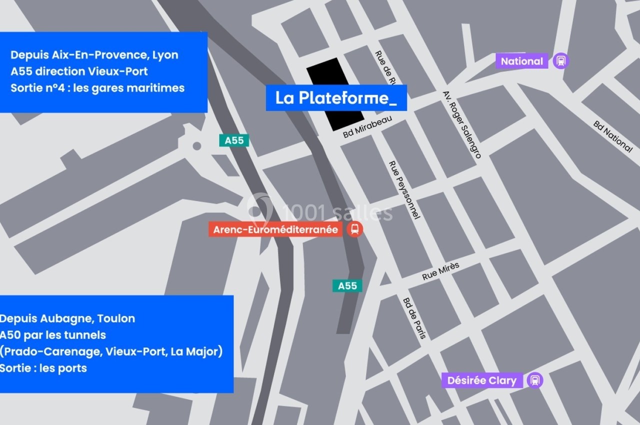 Carte indiquant l'emplacement de ’La Plateforme’ à Marseille, avec des indications routières et des points de repère.