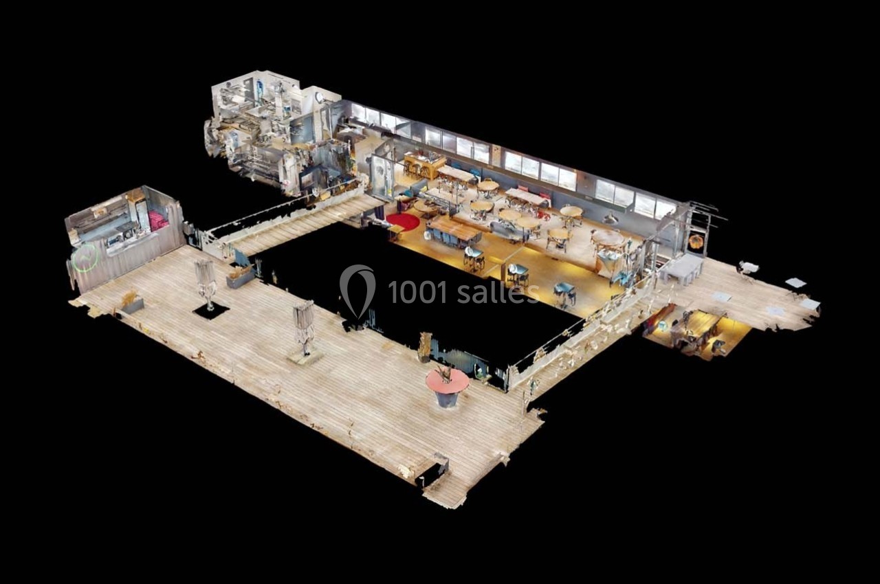 Vue en 3D d'un espace intérieur comprenant plusieurs pièces aménagées avec des meubles et des équipements.