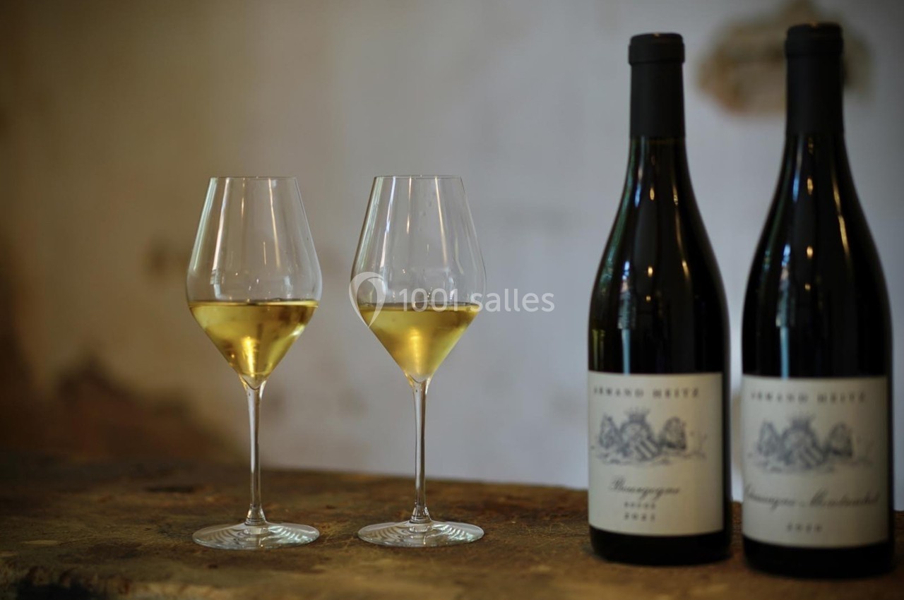 Deux verres de vin blanc et deux bouteilles posés sur une table en bois dans un cadre sobre.