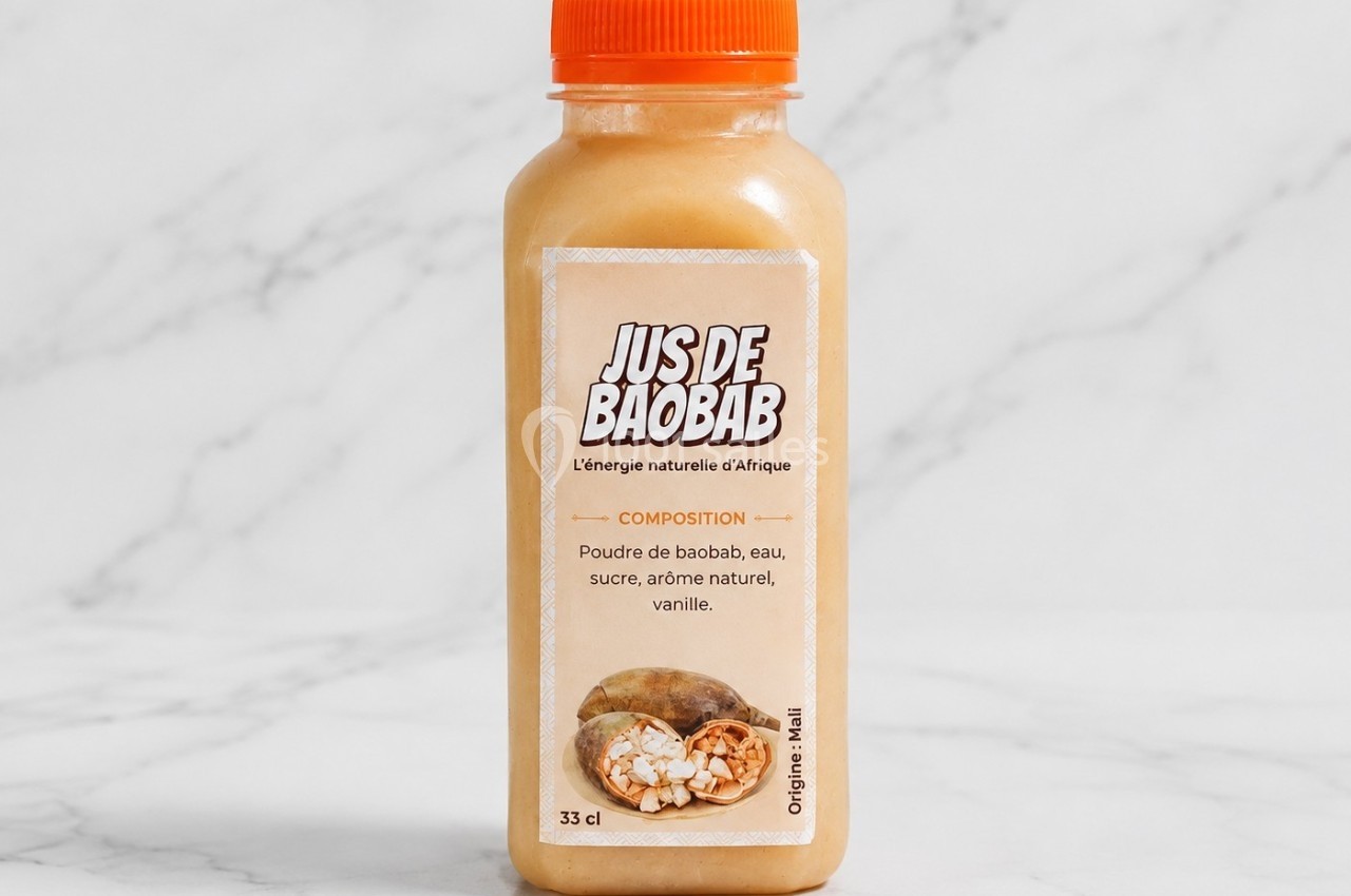 Bouteille de jus de baobab sur fond clair, étiquette indiquant les ingrédients et l'origine naturelle du produit.