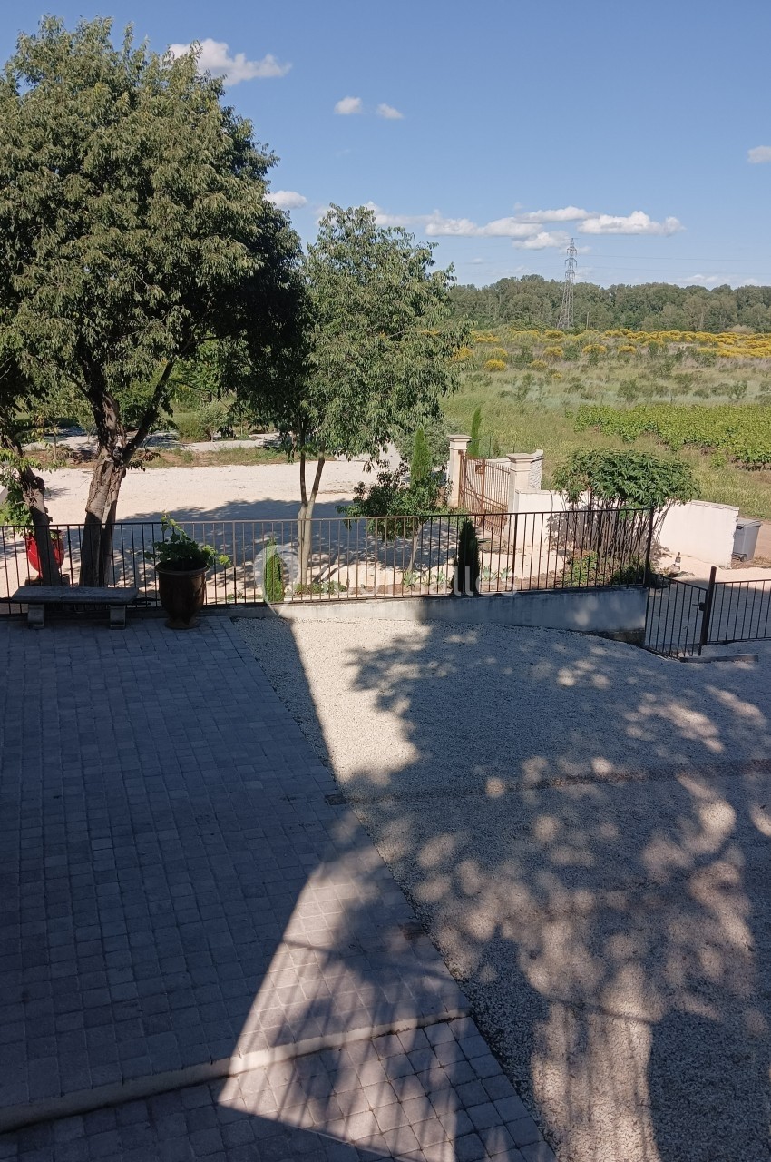 Cour extérieure avec sol pavé et gravier, arbres ombrageant partiellement la scène, vue sur un paysage rural.