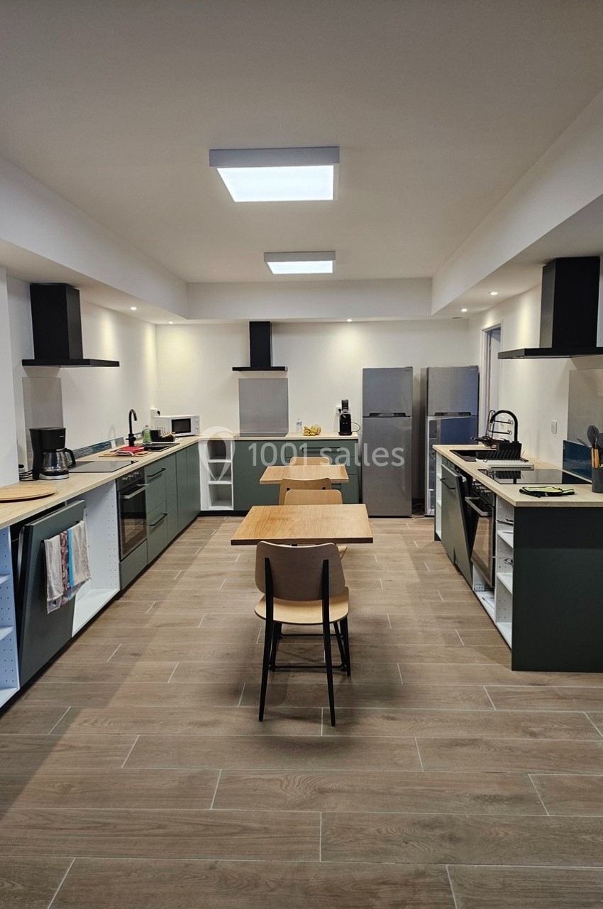 Cuisine moderne avec deux espaces de cuisson, meubles verts, électroménagers en acier inoxydable et tables en bois.
