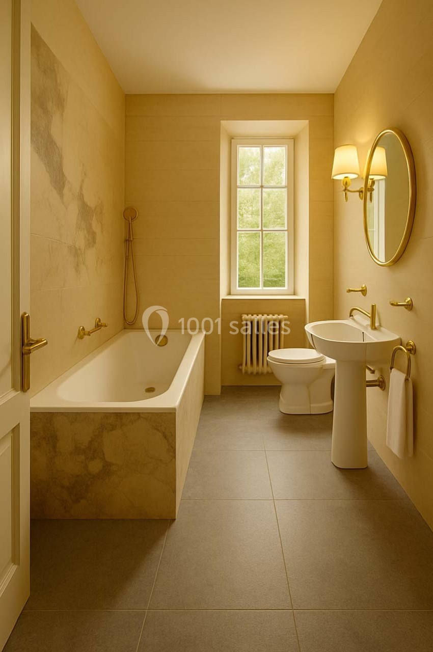 Salle de bain lumineuse avec baignoire, lavabo, miroir rond, toilettes et fenêtre laissant entrer la lumière naturelle.