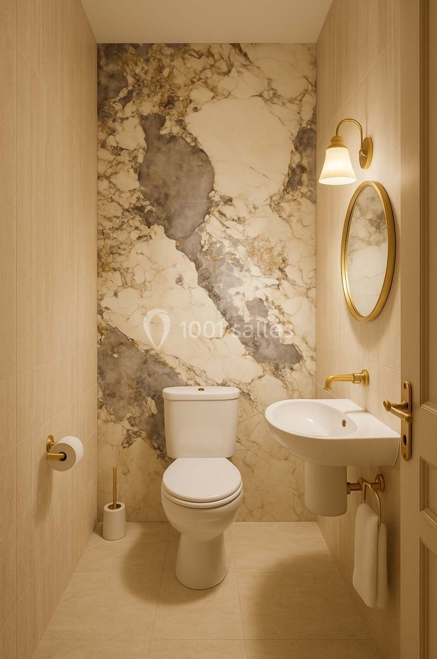 Salle de bain compacte avec toilettes, lavabo, miroir rond, applique murale et mur en marbre beige et gris.