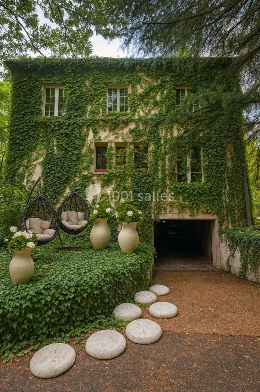 Façade d'une maison recouverte de lierre, avec des fauteuils suspendus et des pots de fleurs sur une allée en pierre.