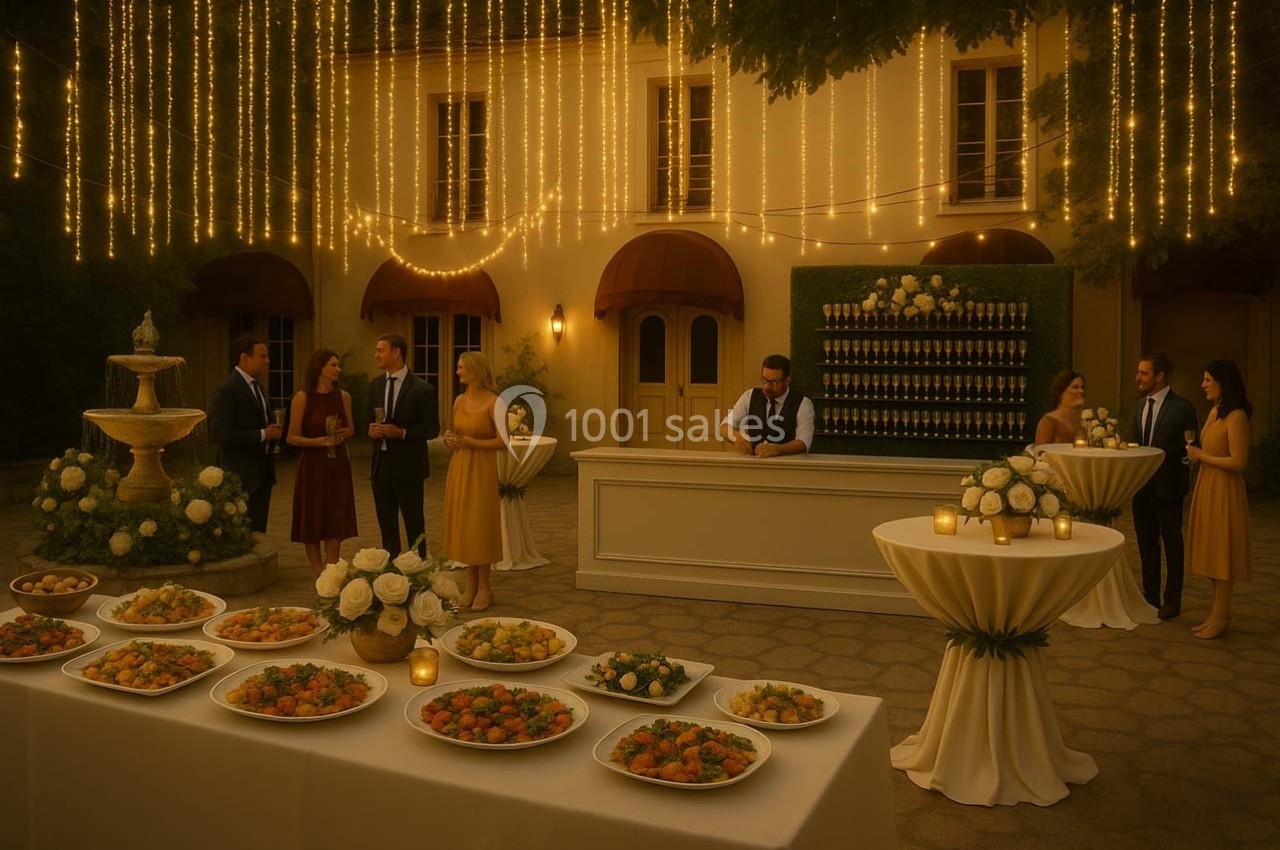 Réception en soirée dans une cour éclairée, avec buffet, tables décorées et invités discutant près d'un bar.