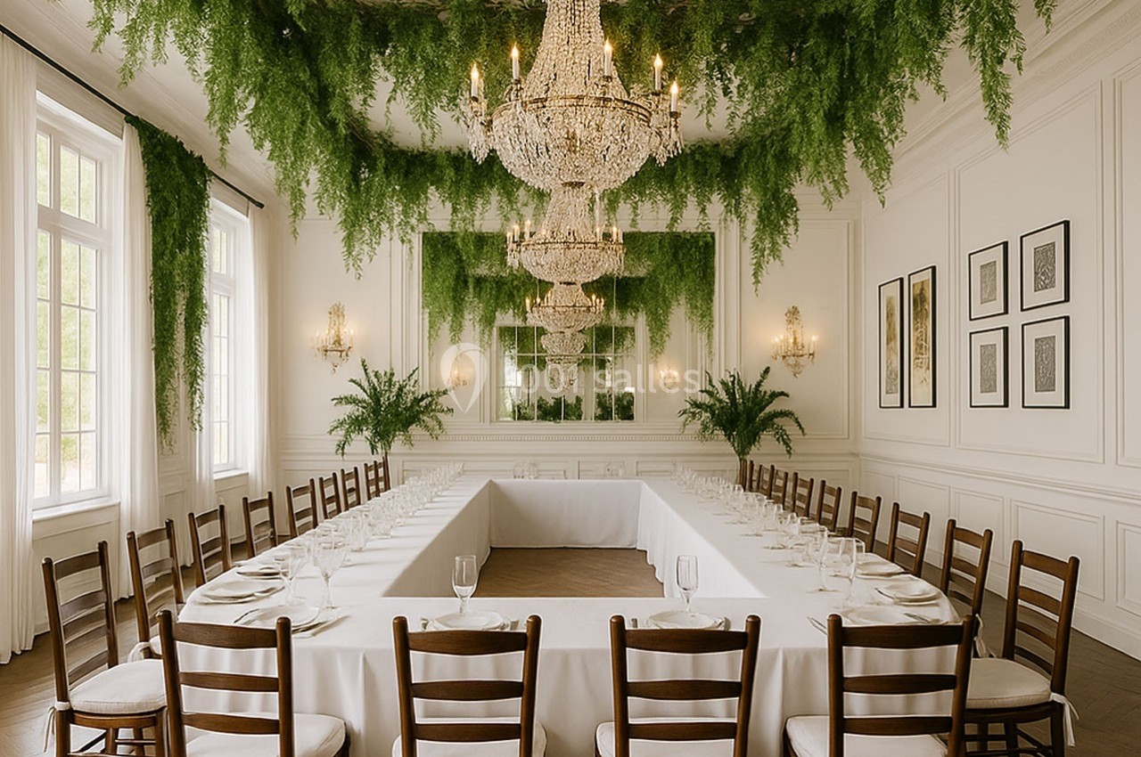 Salle de réception élégante avec une grande table en U, lustres en cristal et décoration végétale suspendue.