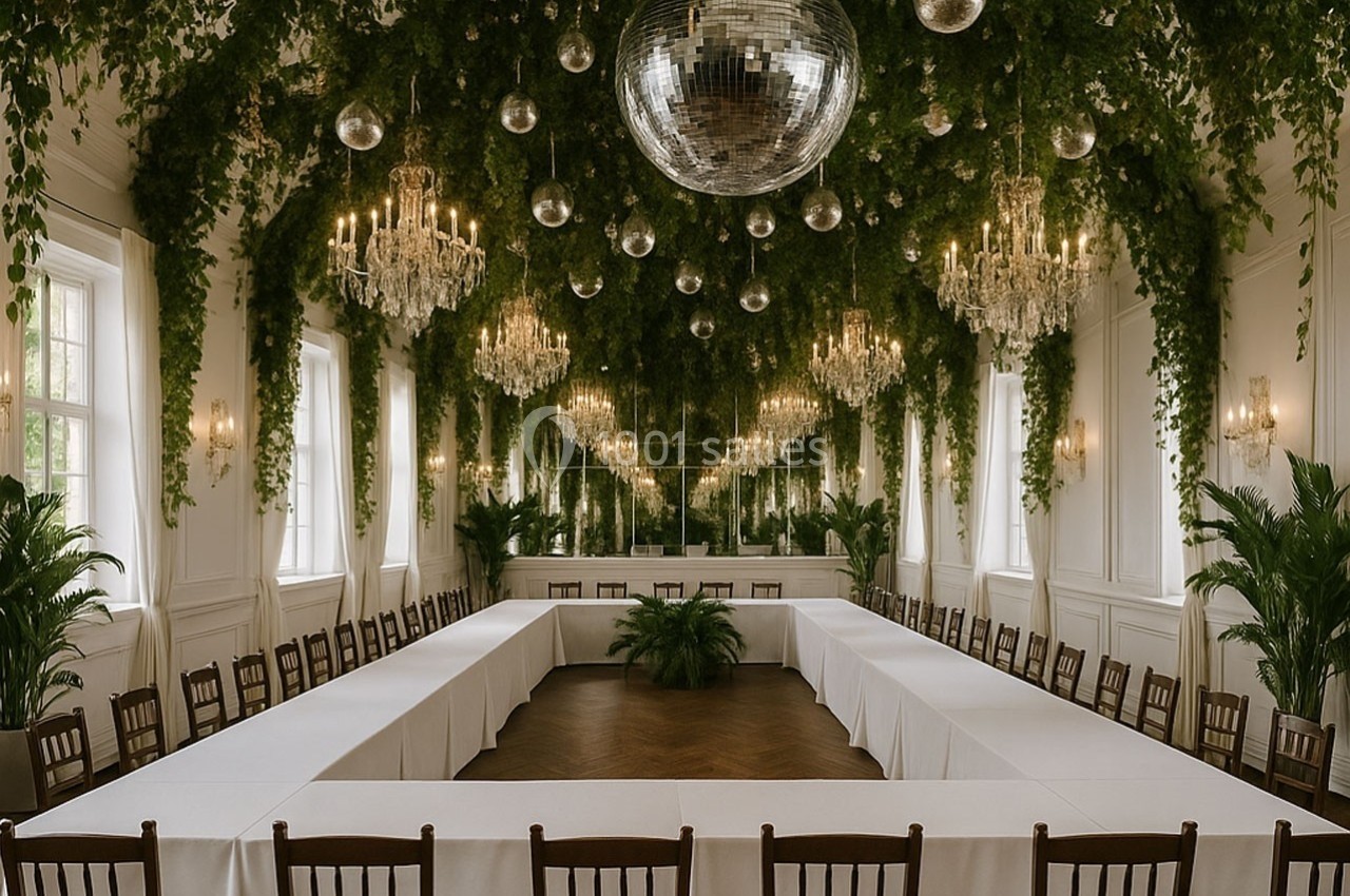 Salle élégante décorée de plantes suspendues, lustres et boules miroir, avec une grande table en U dressée.