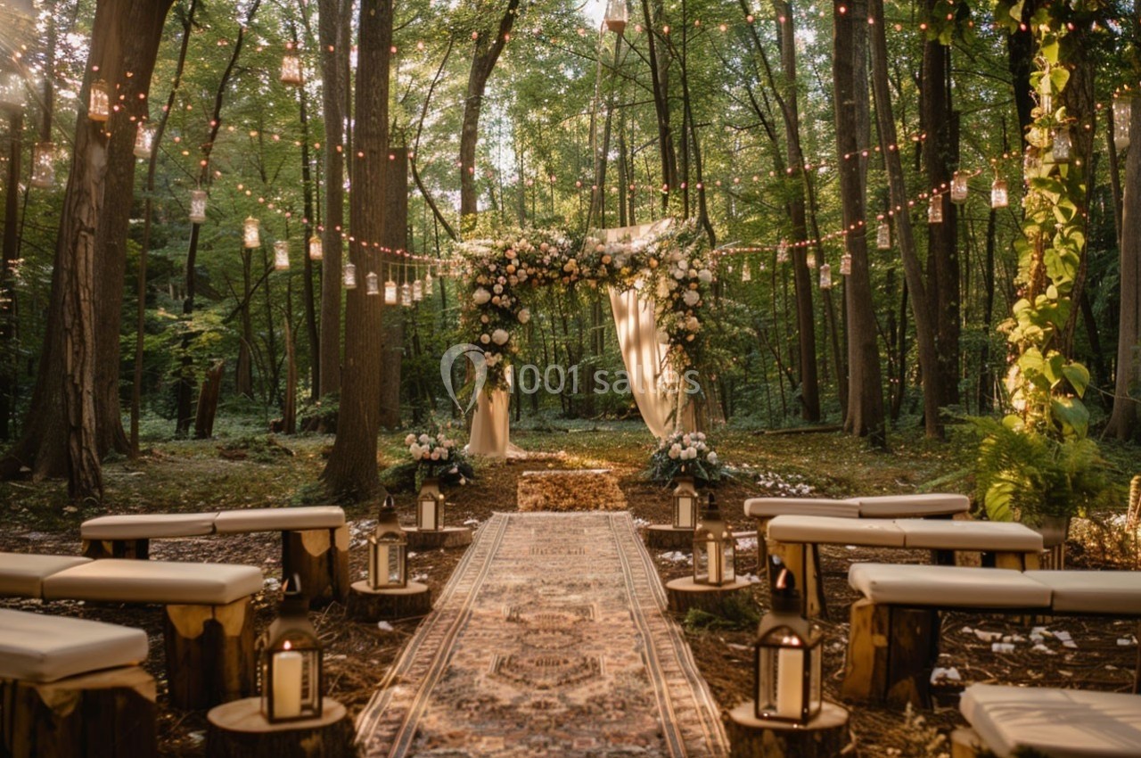 Allée décorée avec tapis et lanternes menant à une arche florale dans une clairière boisée éclairée par des guirlandes.