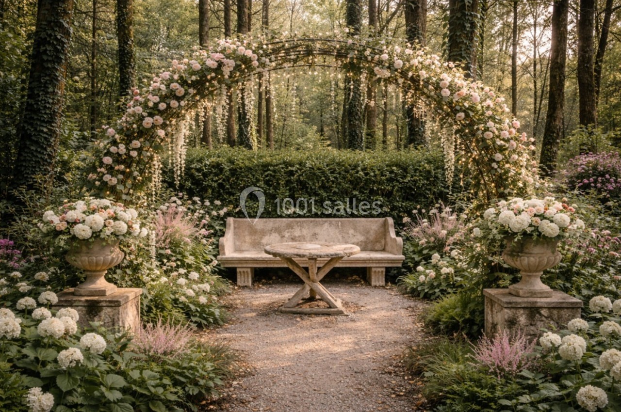 Banc en pierre et table ronde sous une arche fleurie, entourés de verdure et de fleurs dans un jardin paisible.