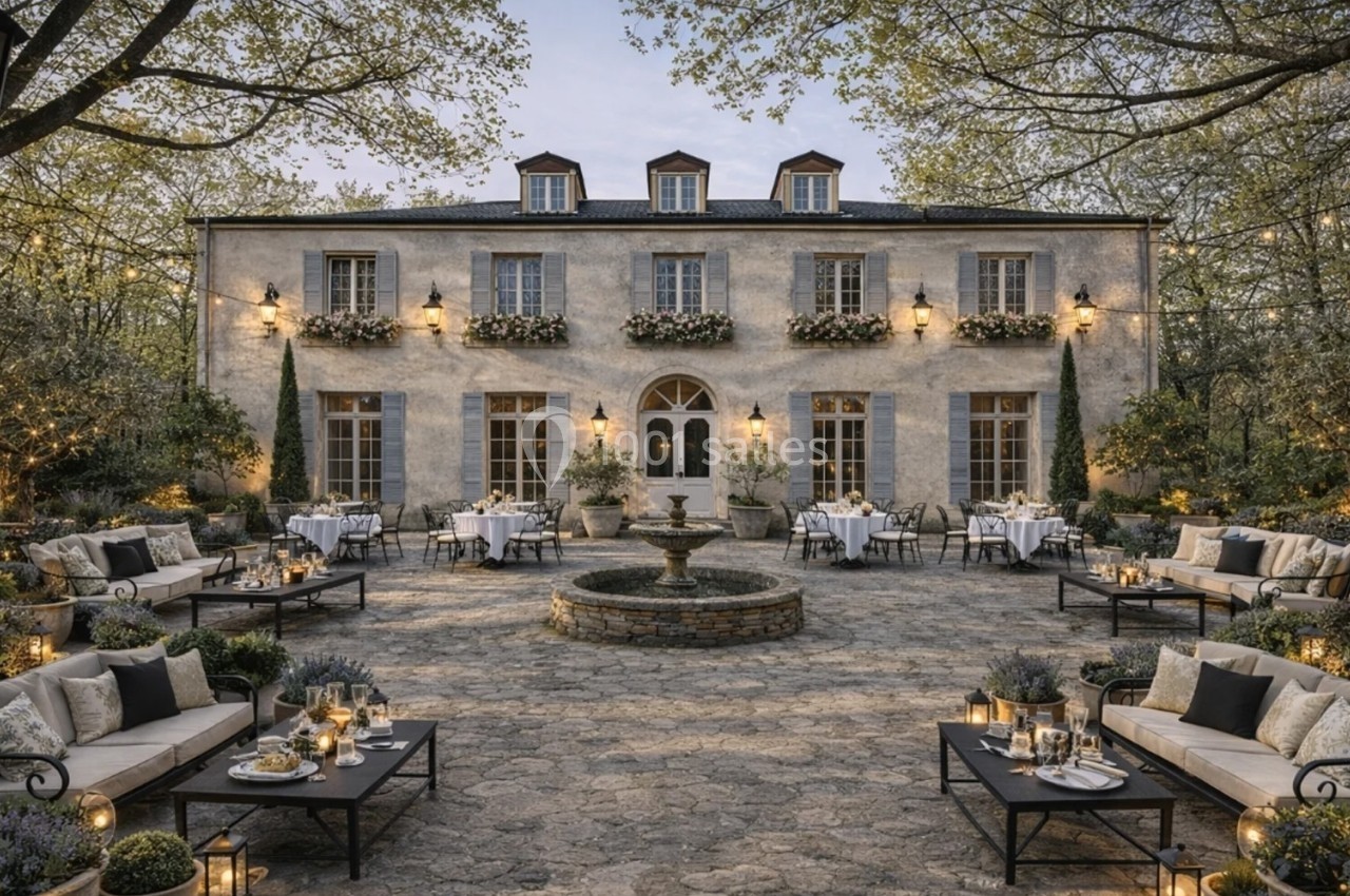 Cour pavée avec fontaine centrale, entourée de tables dressées et de canapés, devant une maison élégante au crépuscule.
