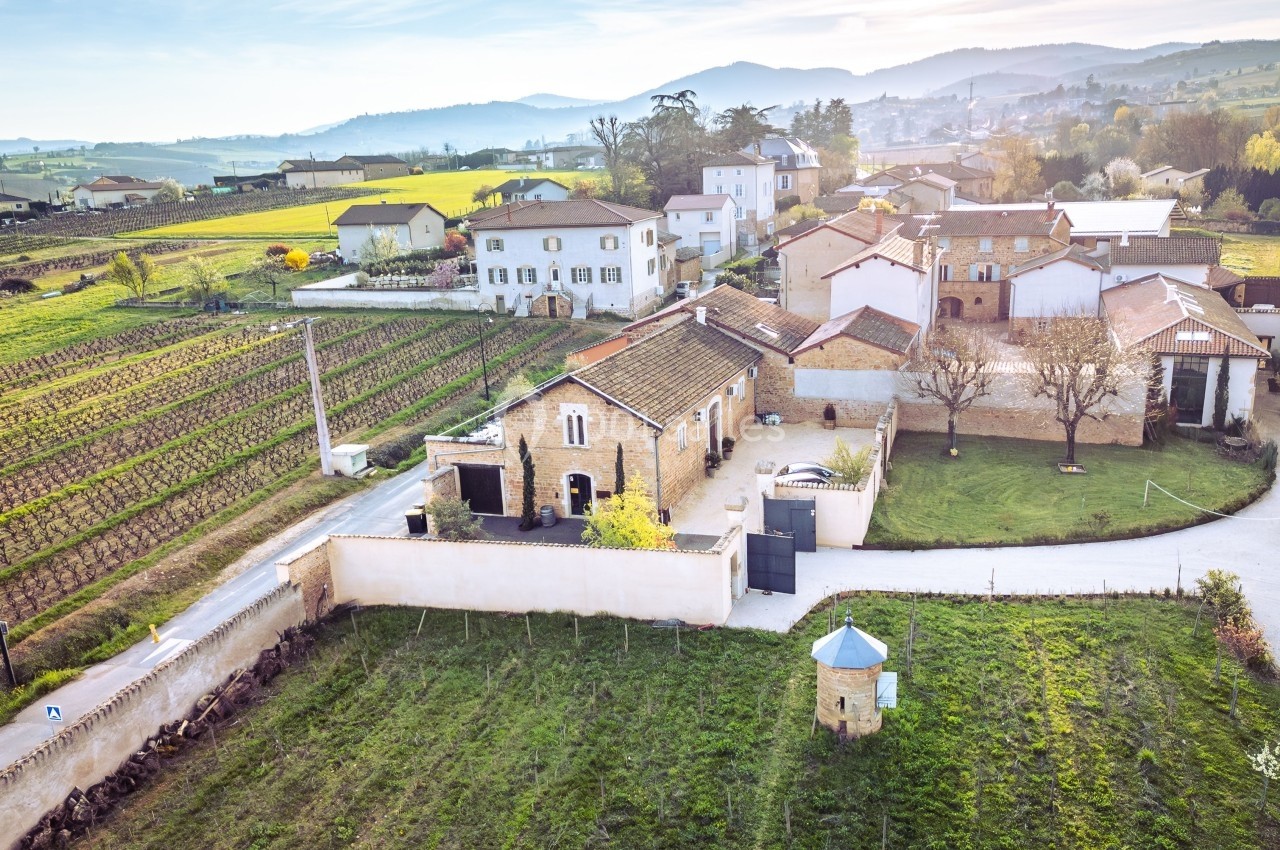 Vue aérienne d'une maison en pierre entourée de vignes et de champs dans un paysage rural vallonné.