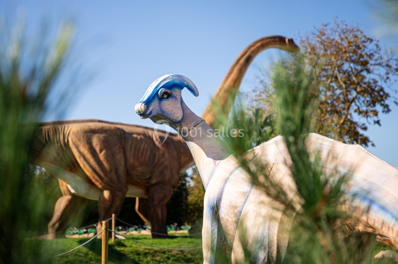 Location salle Gannat (Allier) - Paléopolis #19 Reproduction de dinosaures dans un parc, avec un parasaurolophus au premier plan et un brachiosaure en arrière-plan.