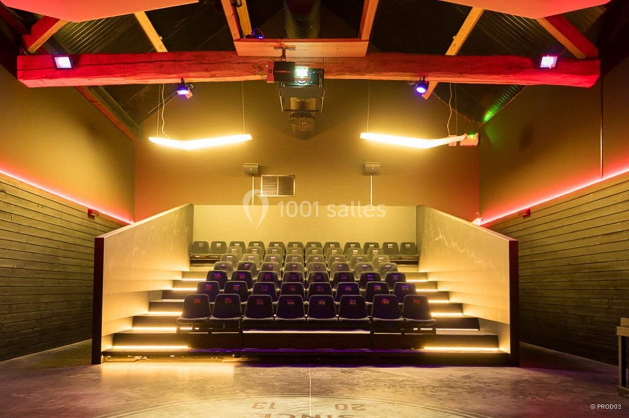 Location salle Gannat (Allier) - Paléopolis #4 Salle de projection moderne avec rangées de sièges inclinés, éclairage tamisé et poutres apparentes au plafond.