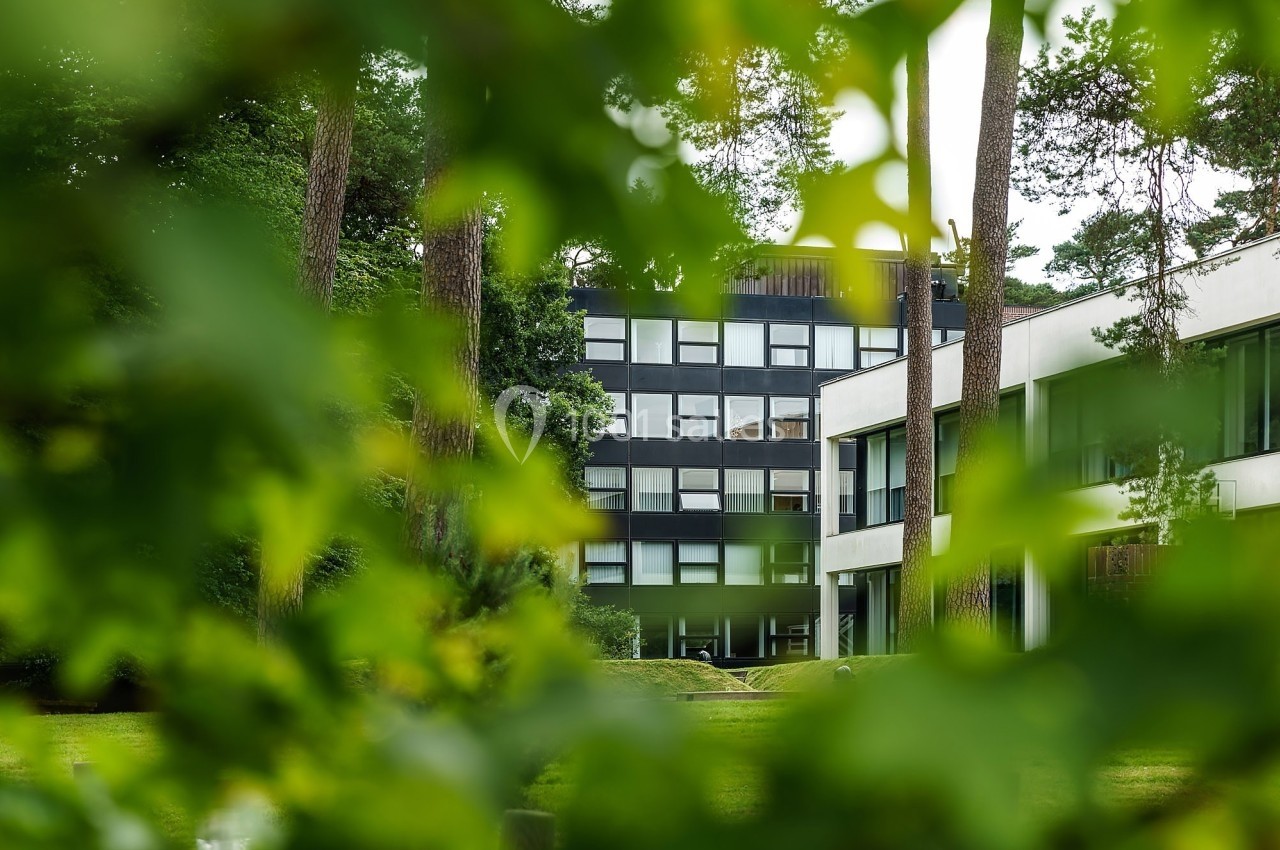 Bâtiment moderne entouré de verdure, partiellement visible à travers des feuilles au premier plan.