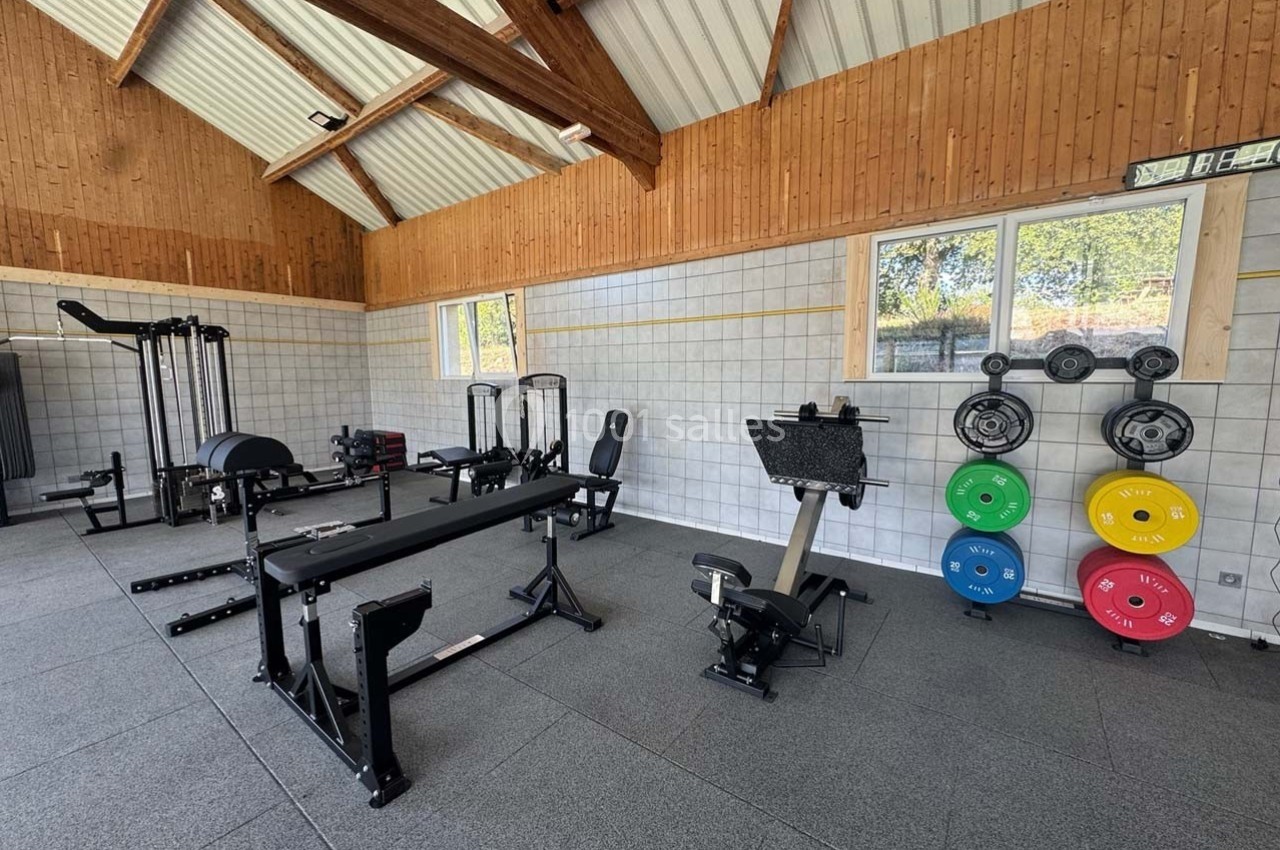 Salle de sport équipée de machines de musculation, bancs, poids colorés et rameur, avec murs en bois et fenêtres.