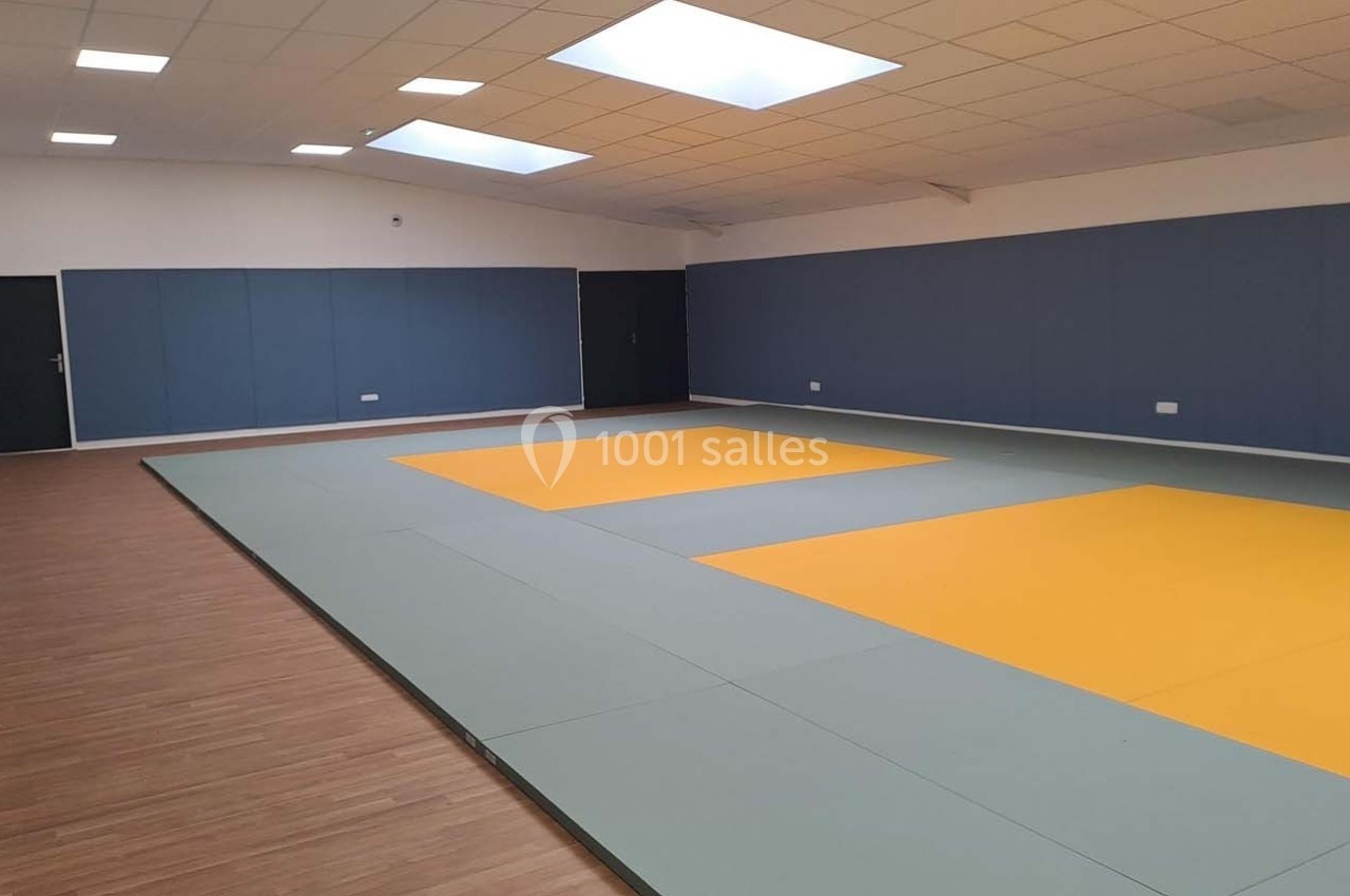 Salle de sport avec tatamis jaunes et verts au sol, murs bleus et parquet en périphérie, éclairée par des puits de lumière.