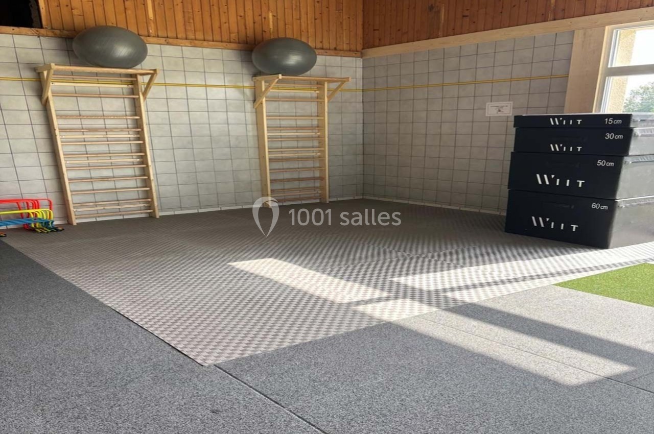Salle de sport avec tapis au sol, espaliers en bois, ballons d'exercice et caissons de pliométrie empilés.