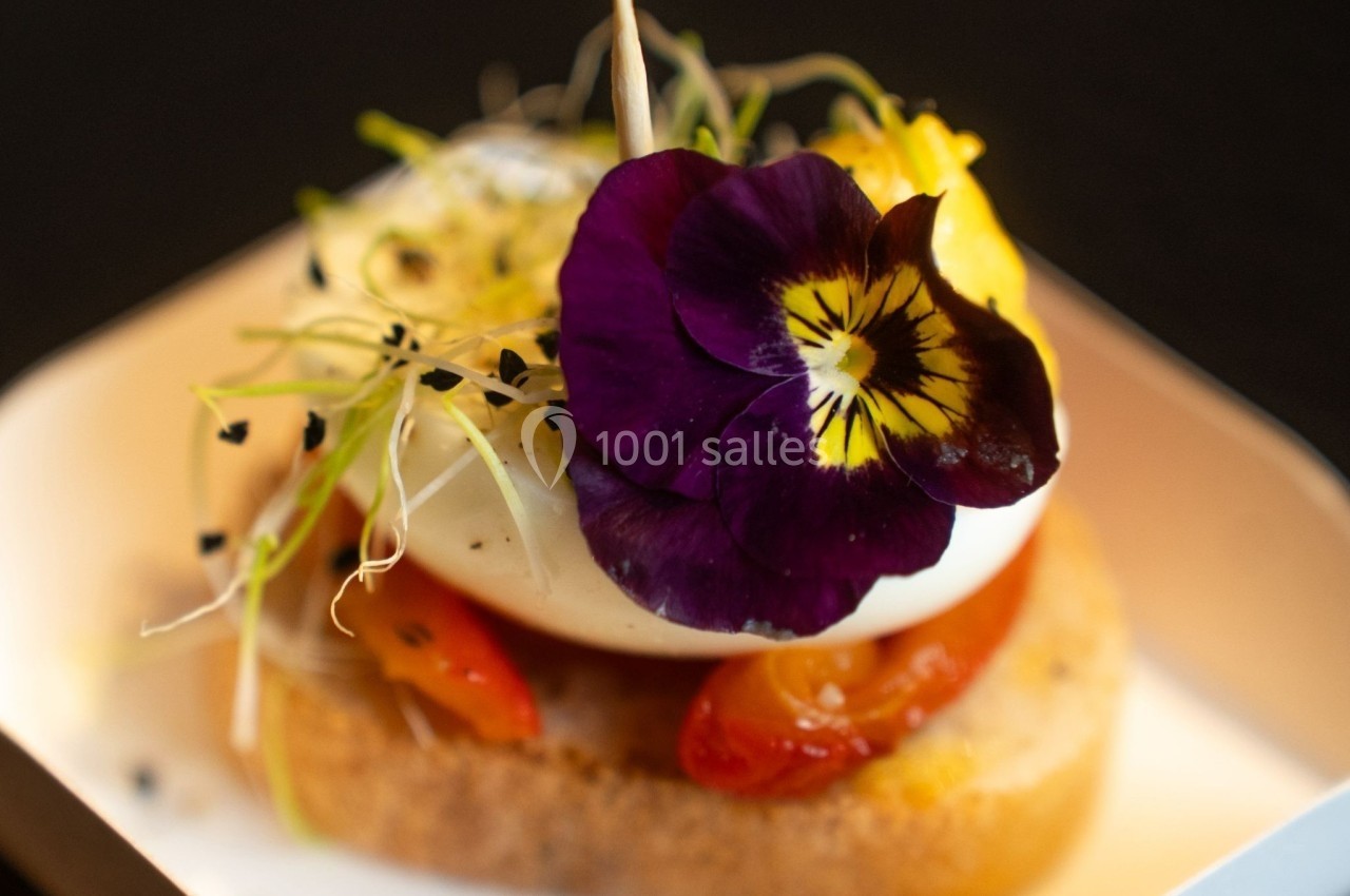 Toast garni de burrata, tomates, pousses fraîches et fleur comestible violette, présenté sur une assiette blanche.