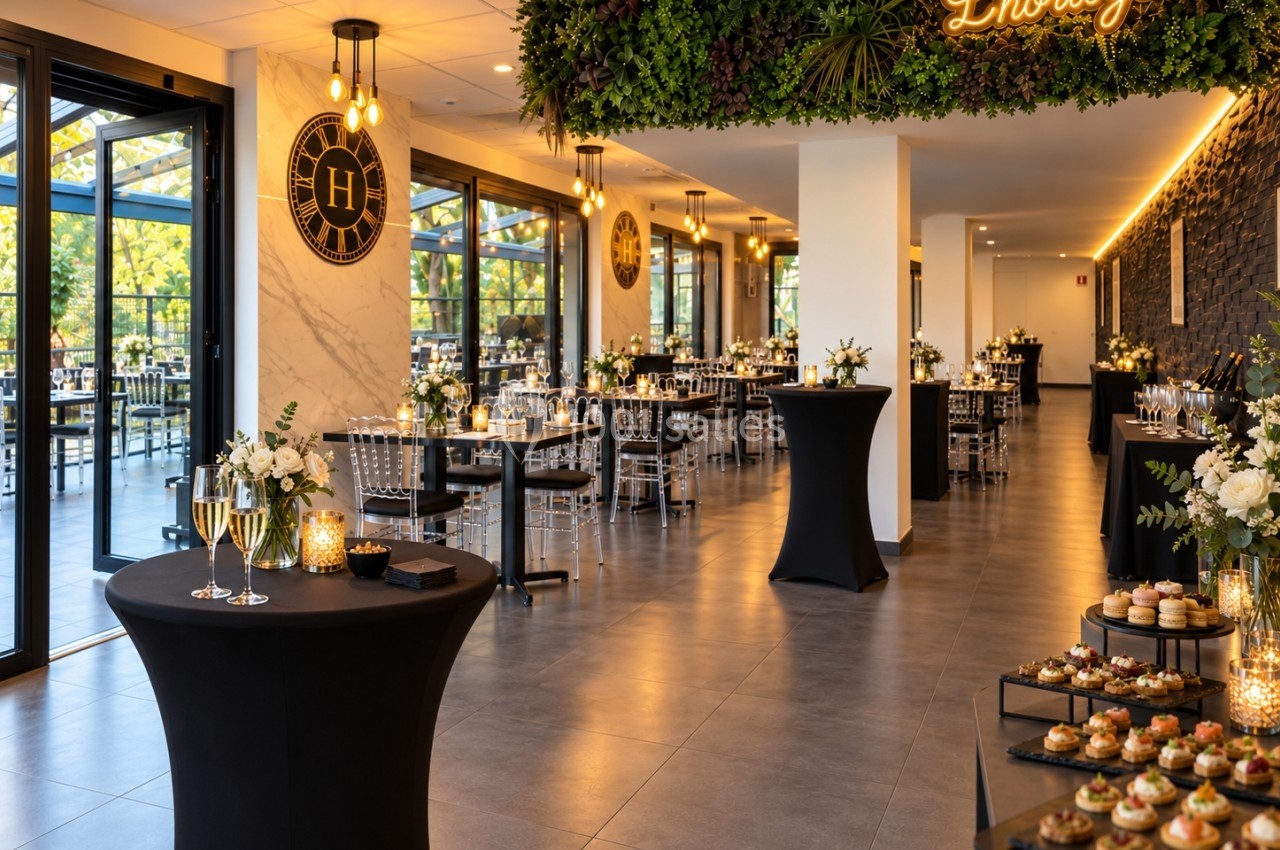 Salle de réception élégante avec tables dressées, décor floral, horloge murale et buffet de desserts.