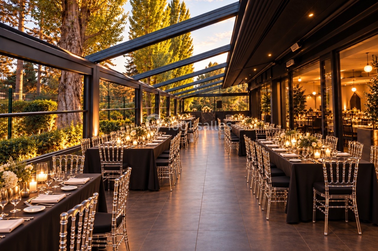 Salle de réception en plein air avec tables élégamment dressées, éclairée par des bougies et entourée de verdure.
