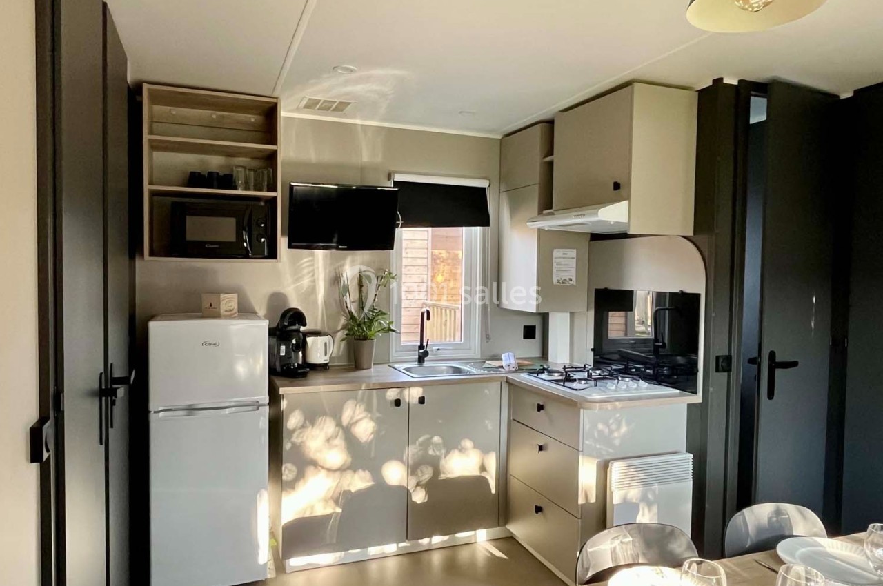 Cuisine compacte et moderne avec réfrigérateur, micro-ondes, plaque de cuisson, évier et rangements, éclairée par une…