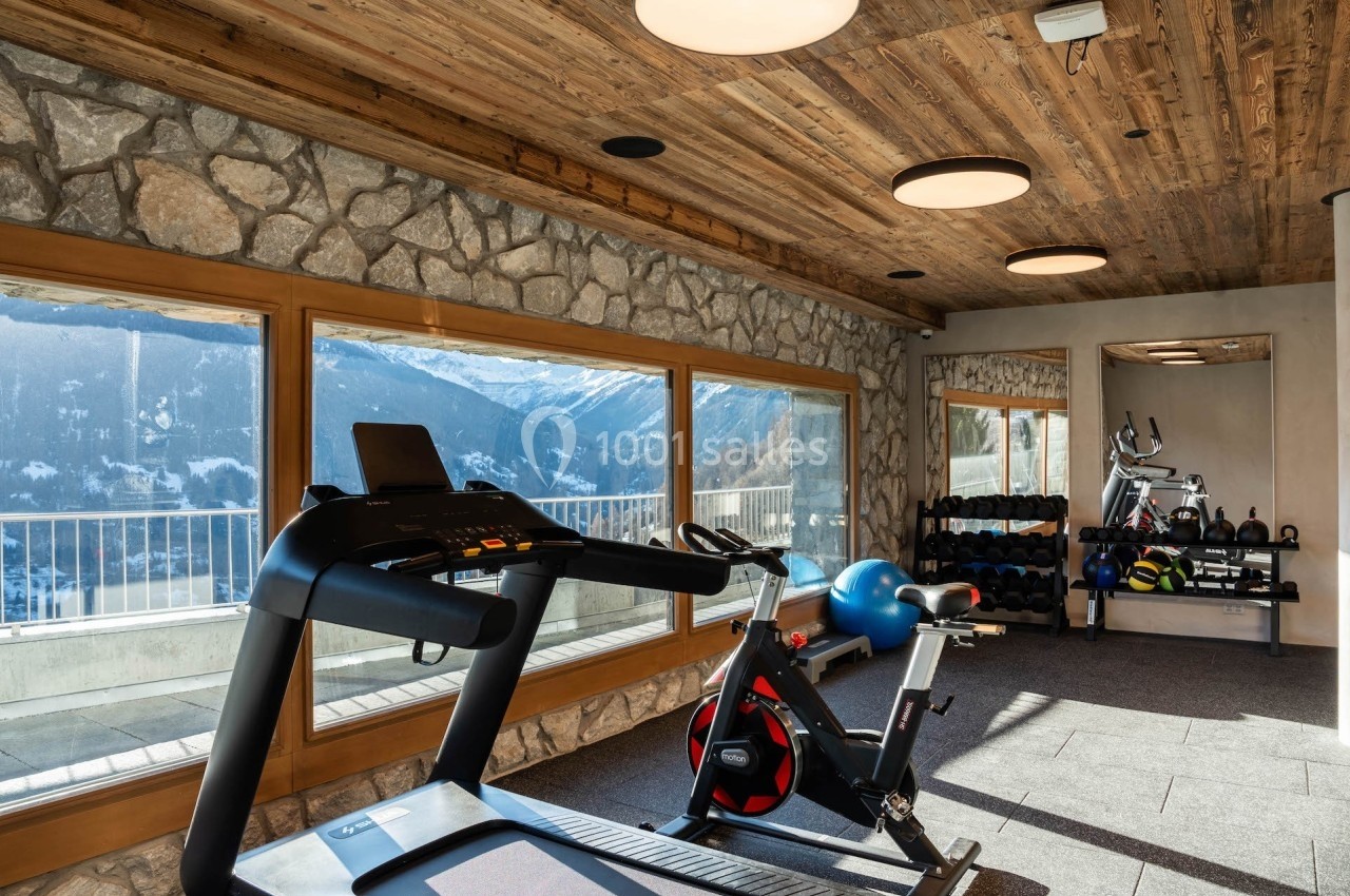 Salle de sport lumineuse avec tapis de course, vélo d'appartement, haltères et vue sur les montagnes à travers de grandes…