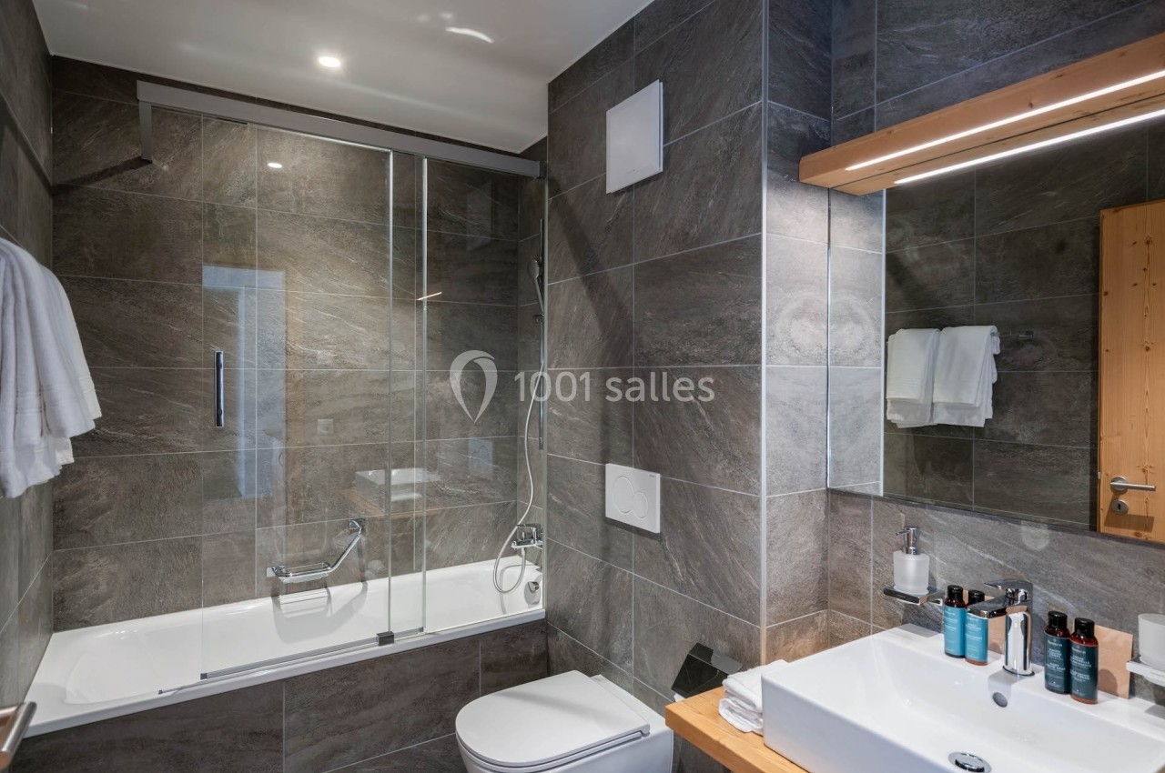 Salle de bain moderne avec baignoire, paroi vitrée, lavabo, miroir éclairé et murs en carrelage gris foncé.