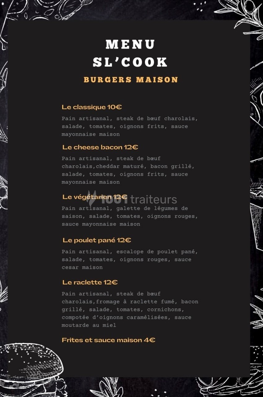Menu de burgers maison avec descriptions des ingrédients et prix, incluant options végétariennes et accompagnements.