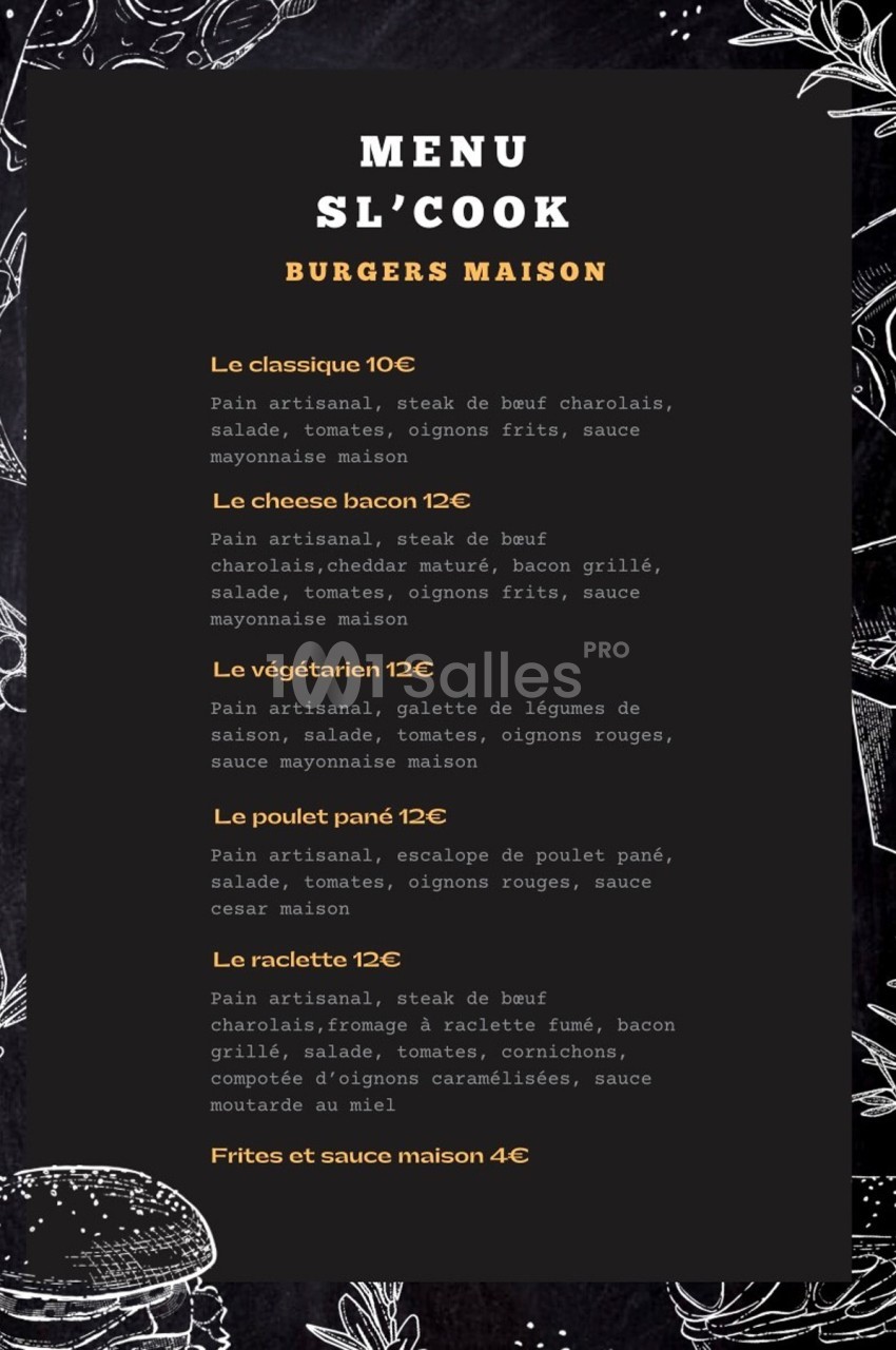 Menu de burgers maison avec descriptions des ingrédients et prix, incluant options végétariennes et accompagnements.