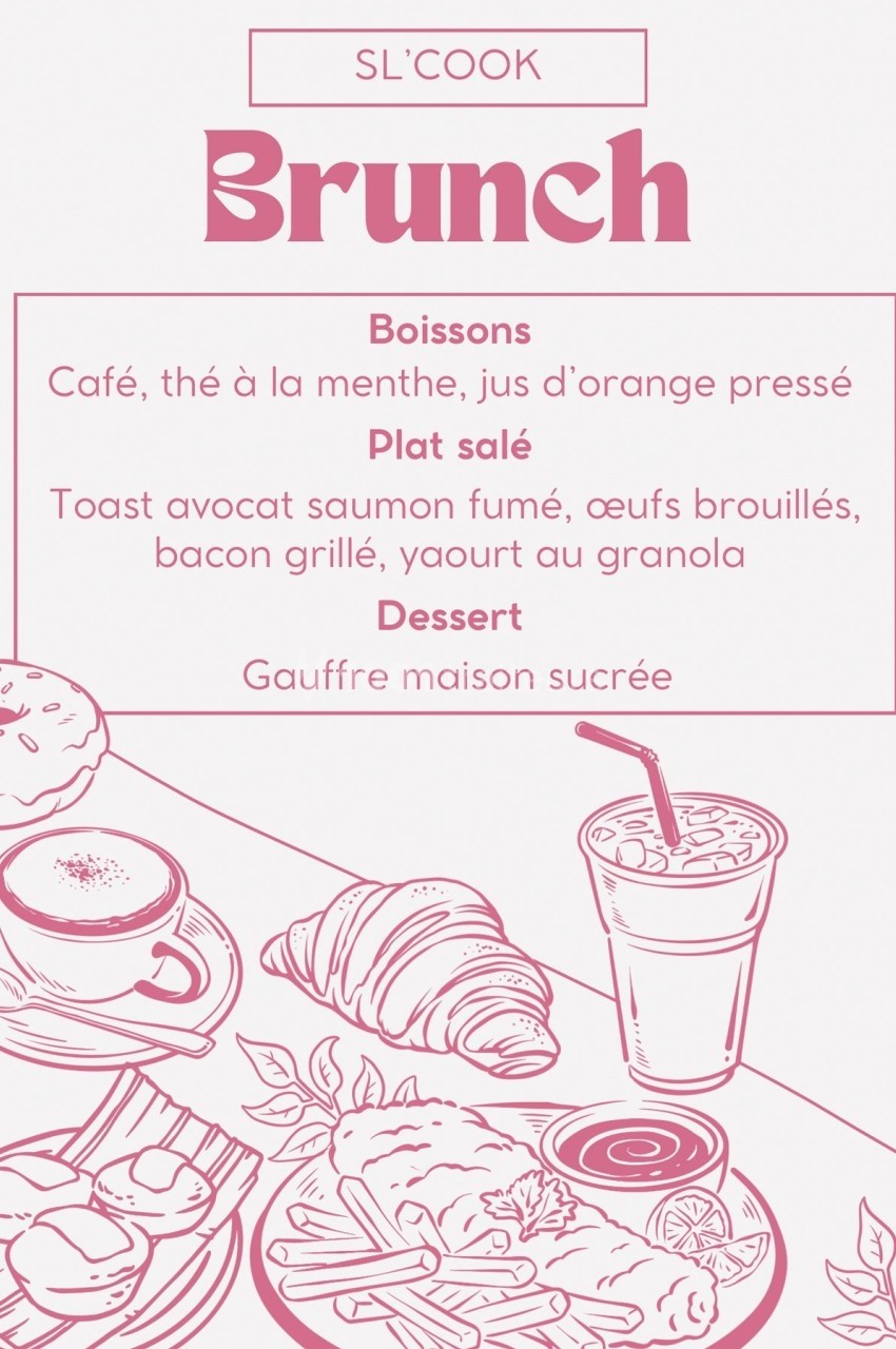Menu de brunch avec boissons, plats salés comme toast avocat et saumon, et dessert gaufre maison sucrée.